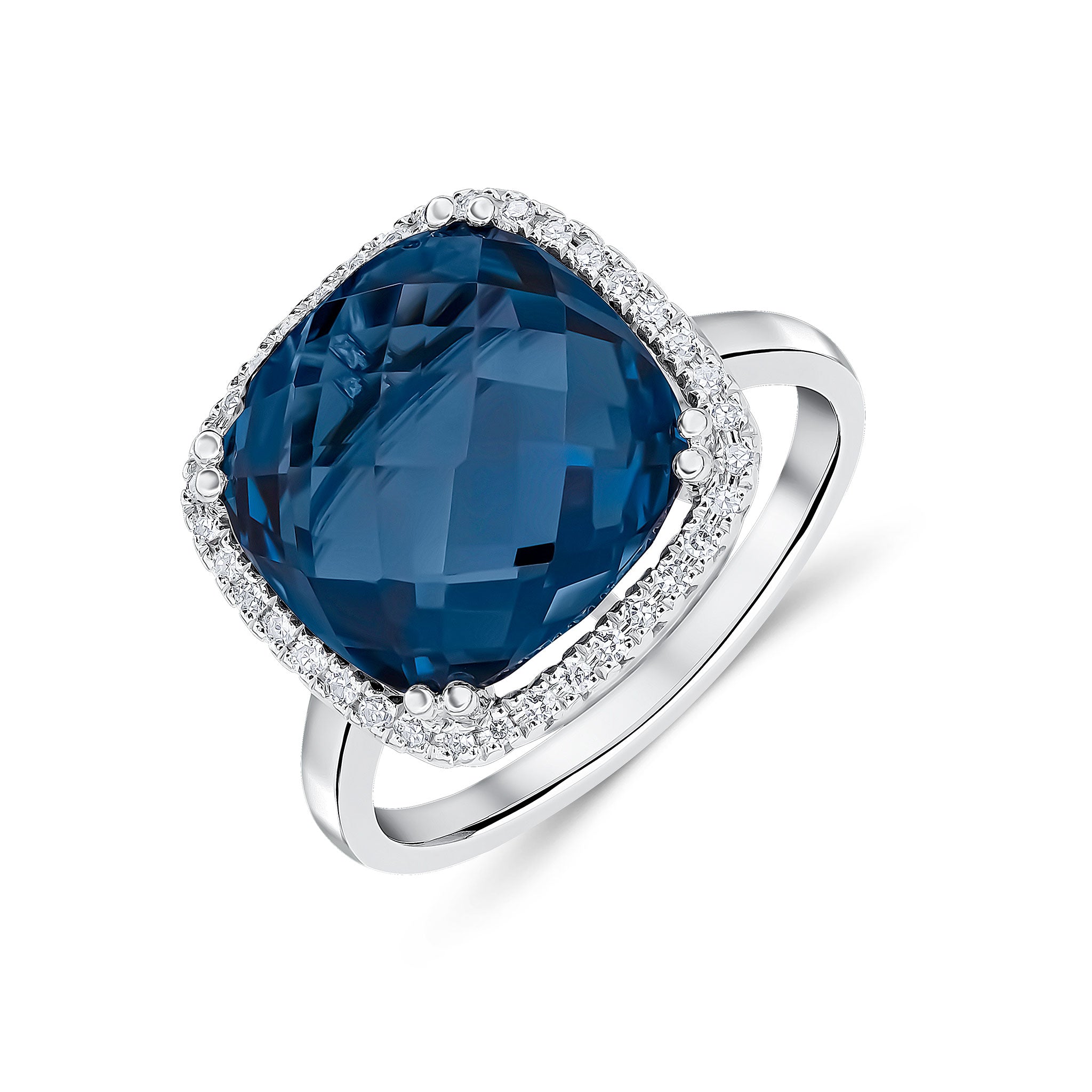 9ct White Gold 12mm Checkerboard Cut Cushion London Blue Topaz and Round Diamond Claw Set Cluster Ring