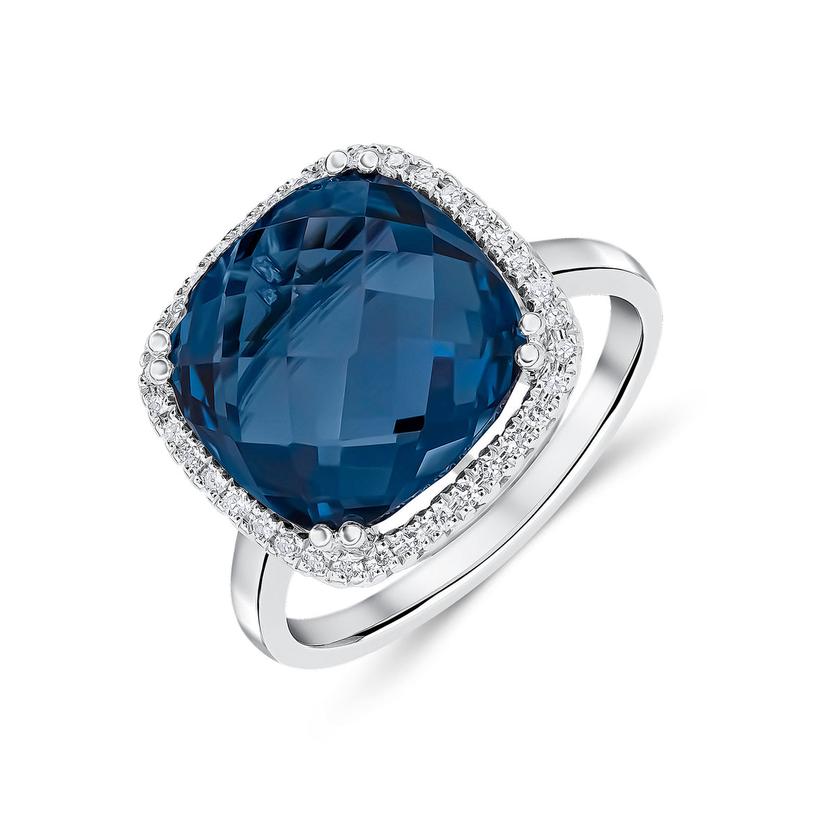 9ct White Gold 12mm Checkerboard Cut Cushion London Blue Topaz and Round Diamond Claw Set Cluster Ring