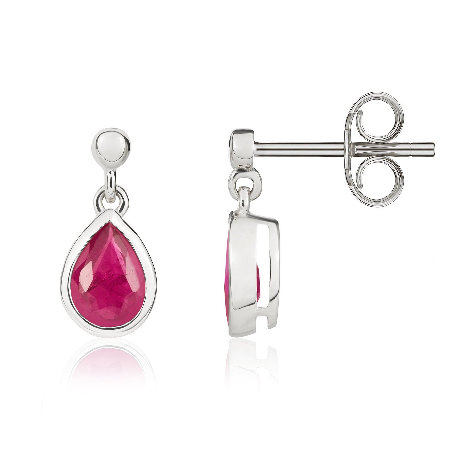 9ct White Gold 6x4mm Pear Shape Ruby Rubover Drop Earrings with 2.5mm Bead Top