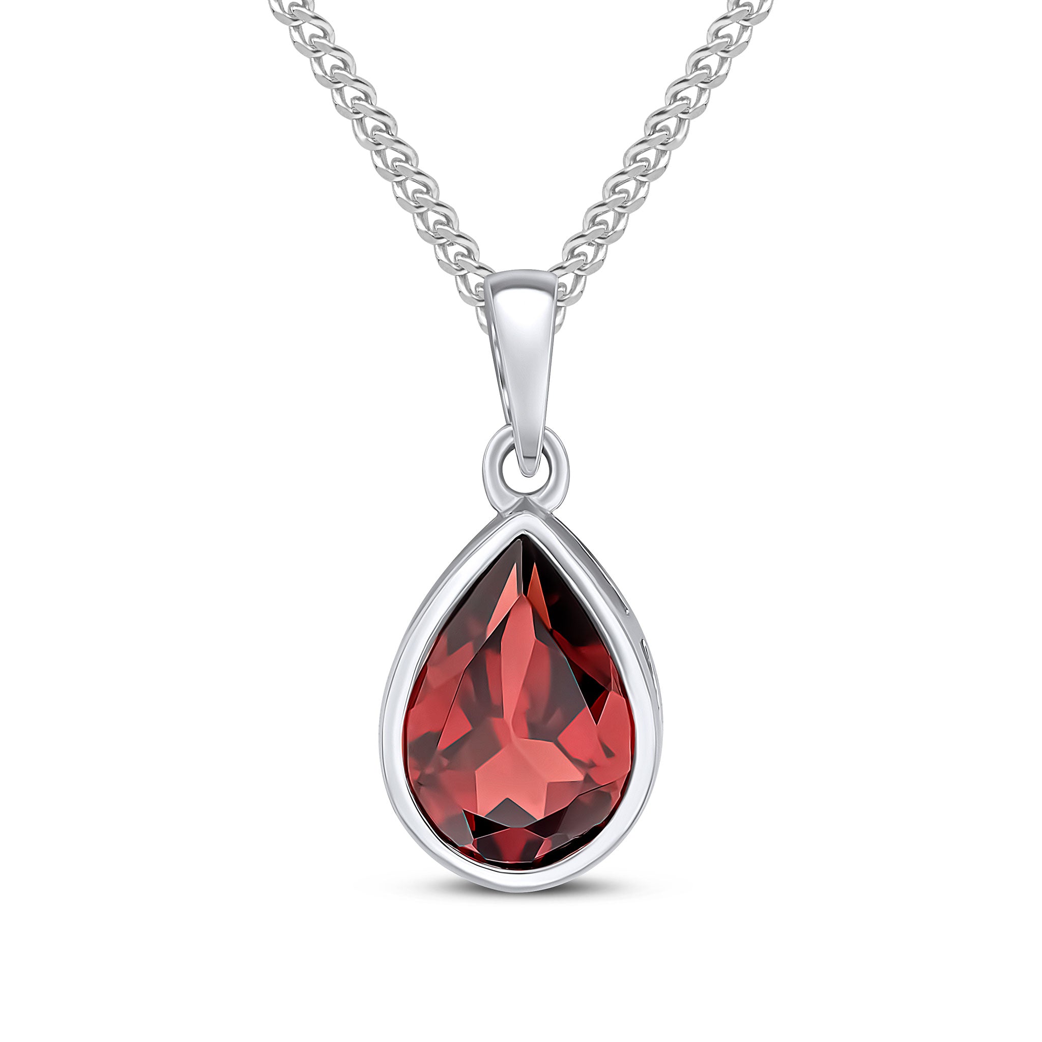9ct White Gold Pear Shaped Garnet Rubover Pendant