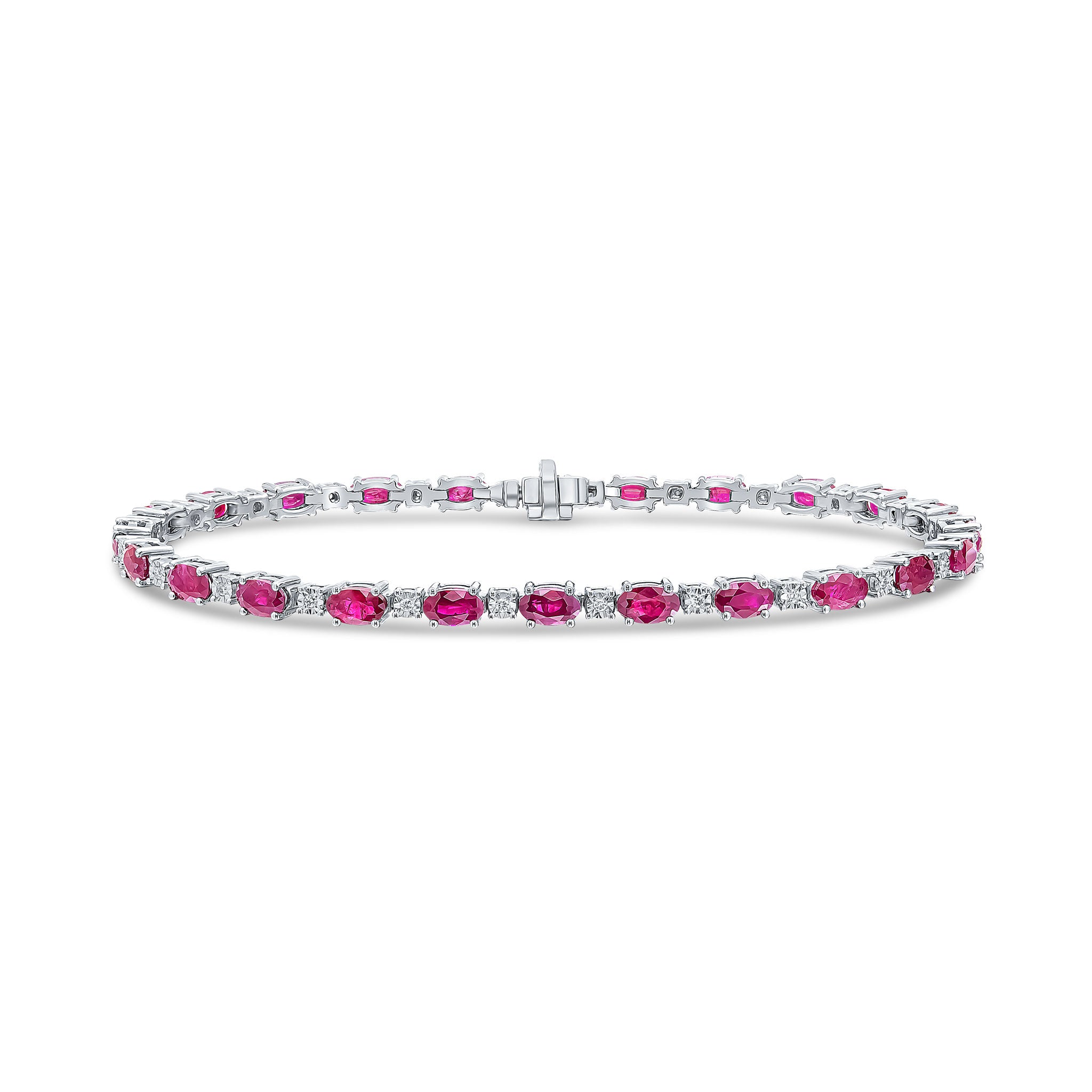18ct White Gold Claw Set Oval Ruby and White Gold Illusion Set Diamond Line Bracelet