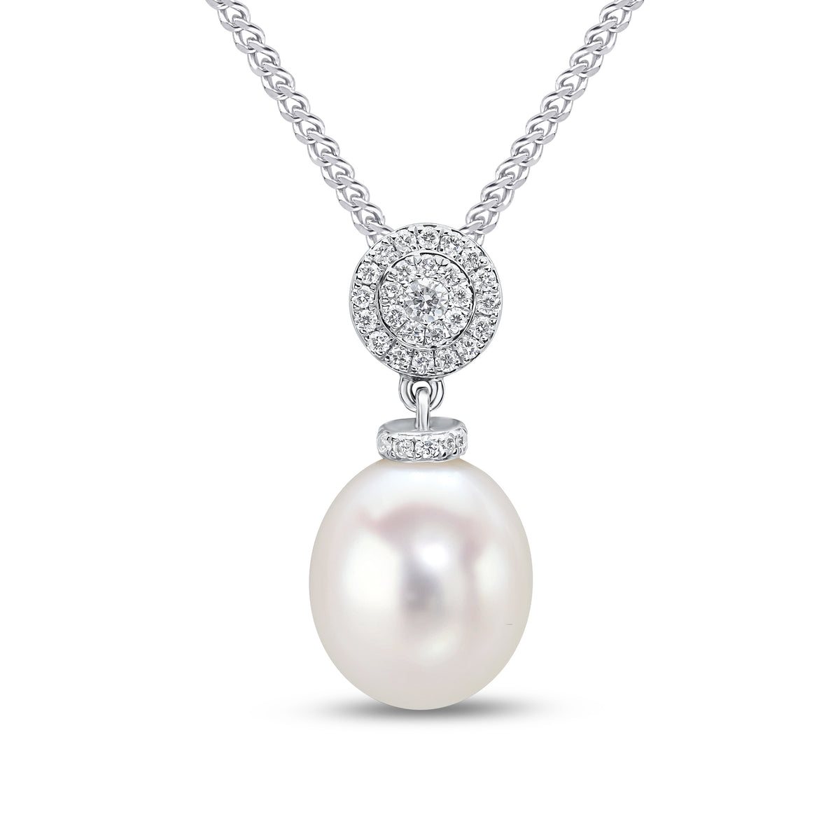 18ct White Gold Cfw Pearl & Diamond 2 Row Border Cluster Top Slider Pendant