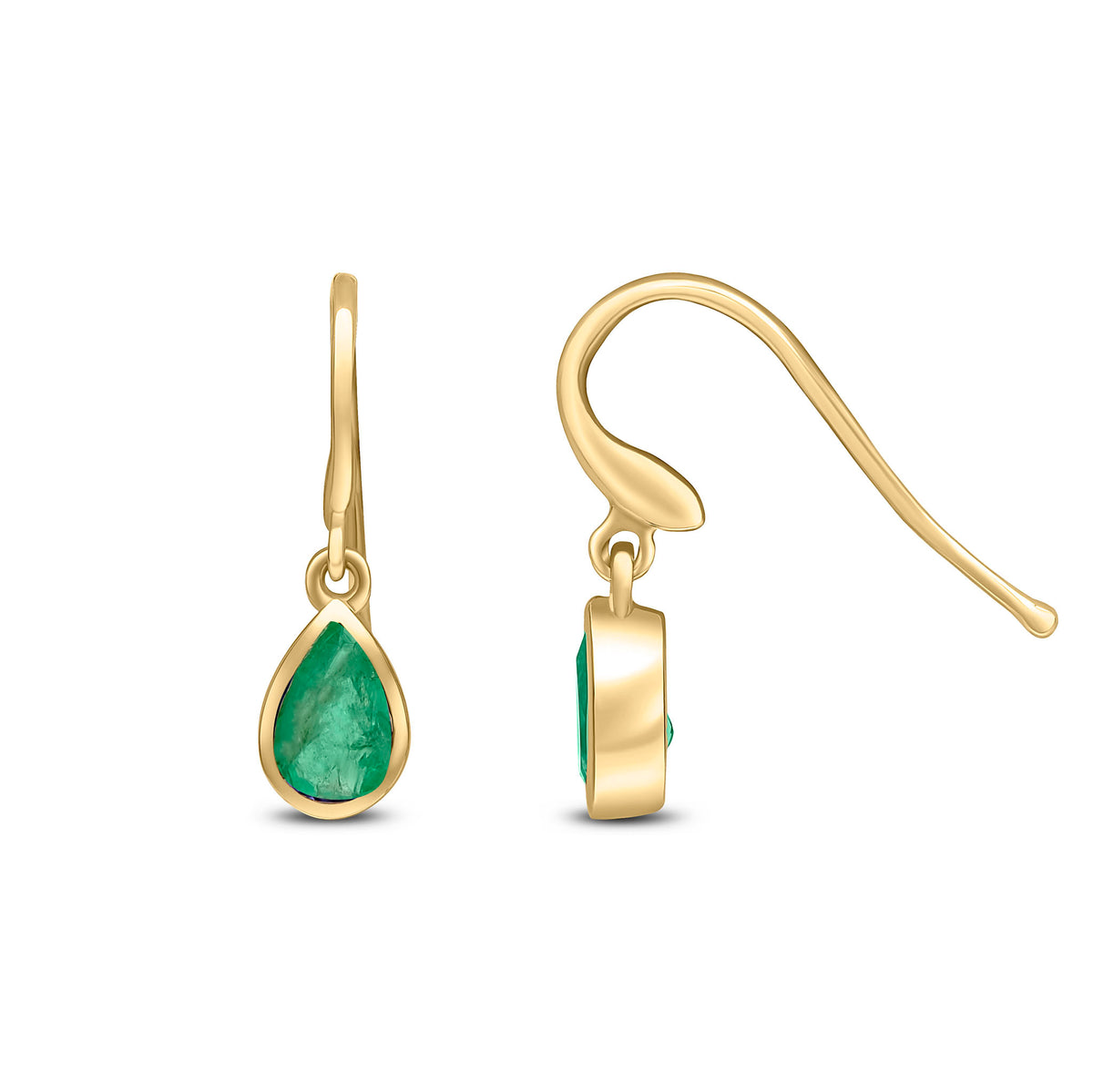 9ct Yellow Gold 6x4 Pear Shape Emerald Rubover Drop Earrings Hook Wire Fitting