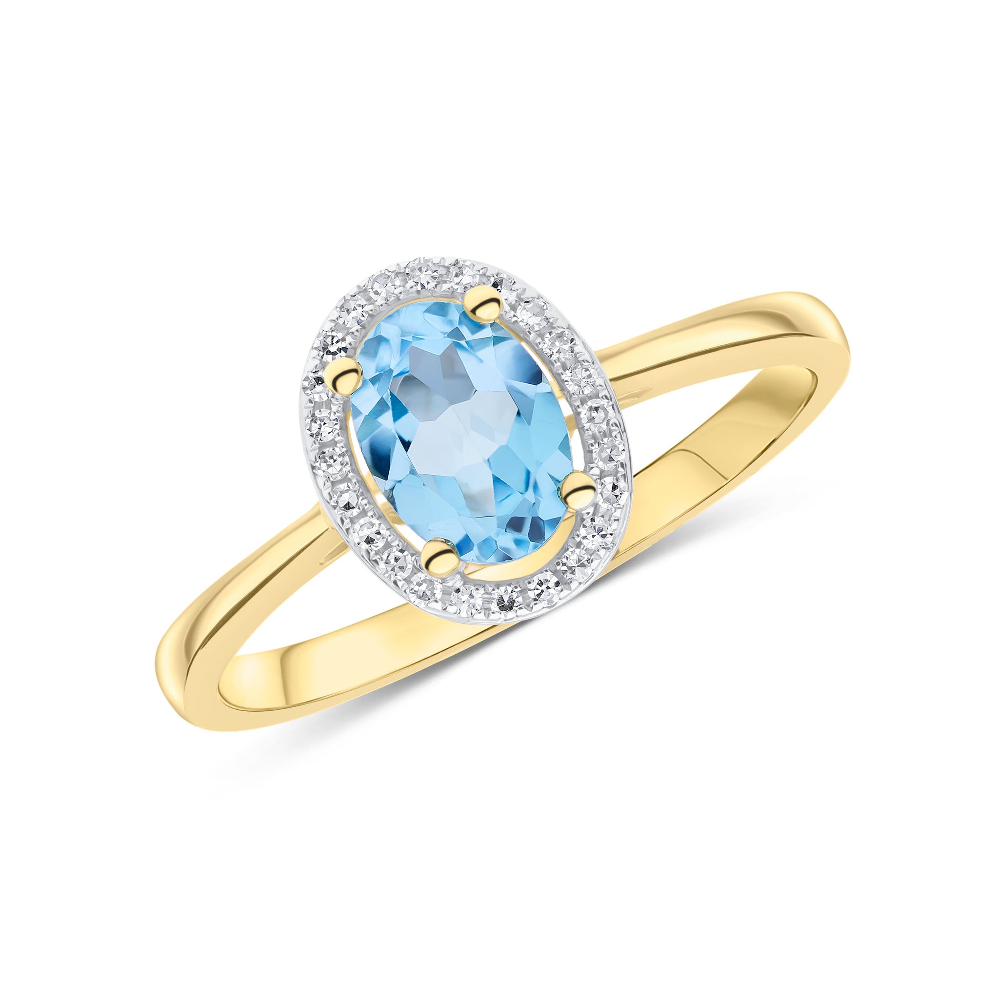 9ct Yellow Gold 7x5 Oval Swiss Blue Topaz & Round Diamond Halo Cluster Ring Rhodium to Diamonds