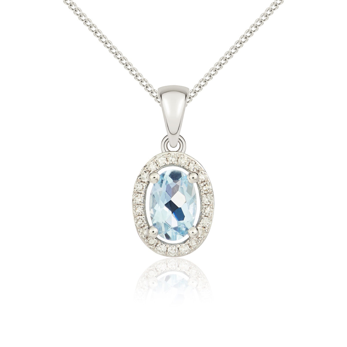 9ct White Gold 6x4 Oval Aquamarine and Round Diamond Halo Cluster Pendant with Plain Loop Top