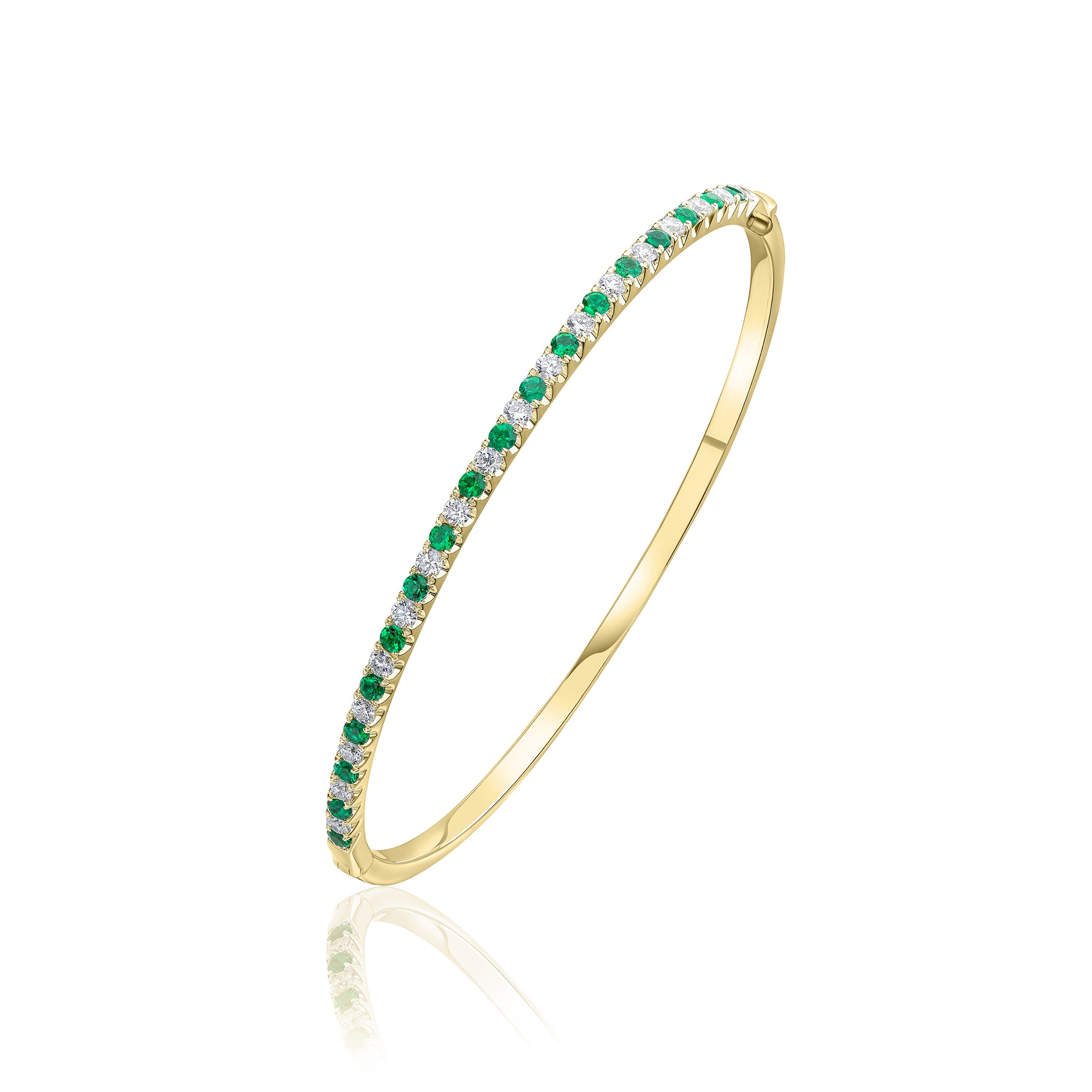 18ct Yellow Gold Round Emerald & Diamond Claw Set Hinged Bangle