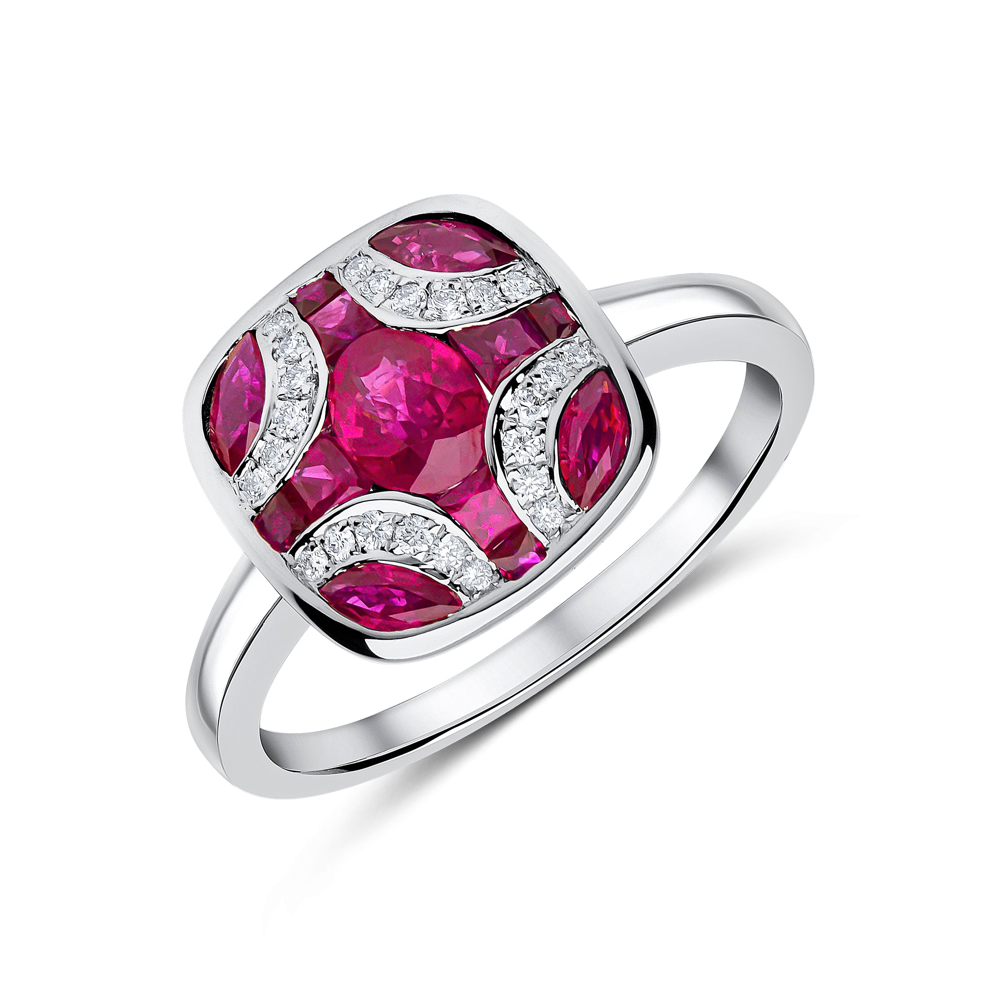 18ct White Gold Ruby & Diamond Shield Ring with Plain Shank