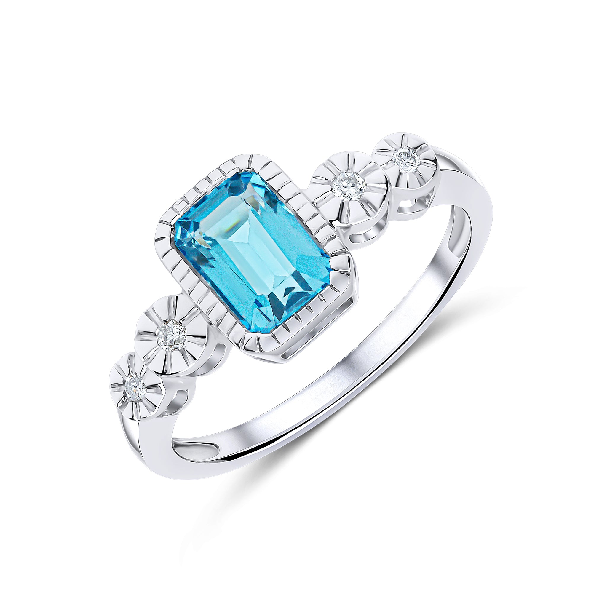9CT WHITE GOLD MILLEGRAIN OCTAGON SWISS BLUE TOPAZ AND ILLUSION DIAMOND 2ST SHOULDERS RING 1