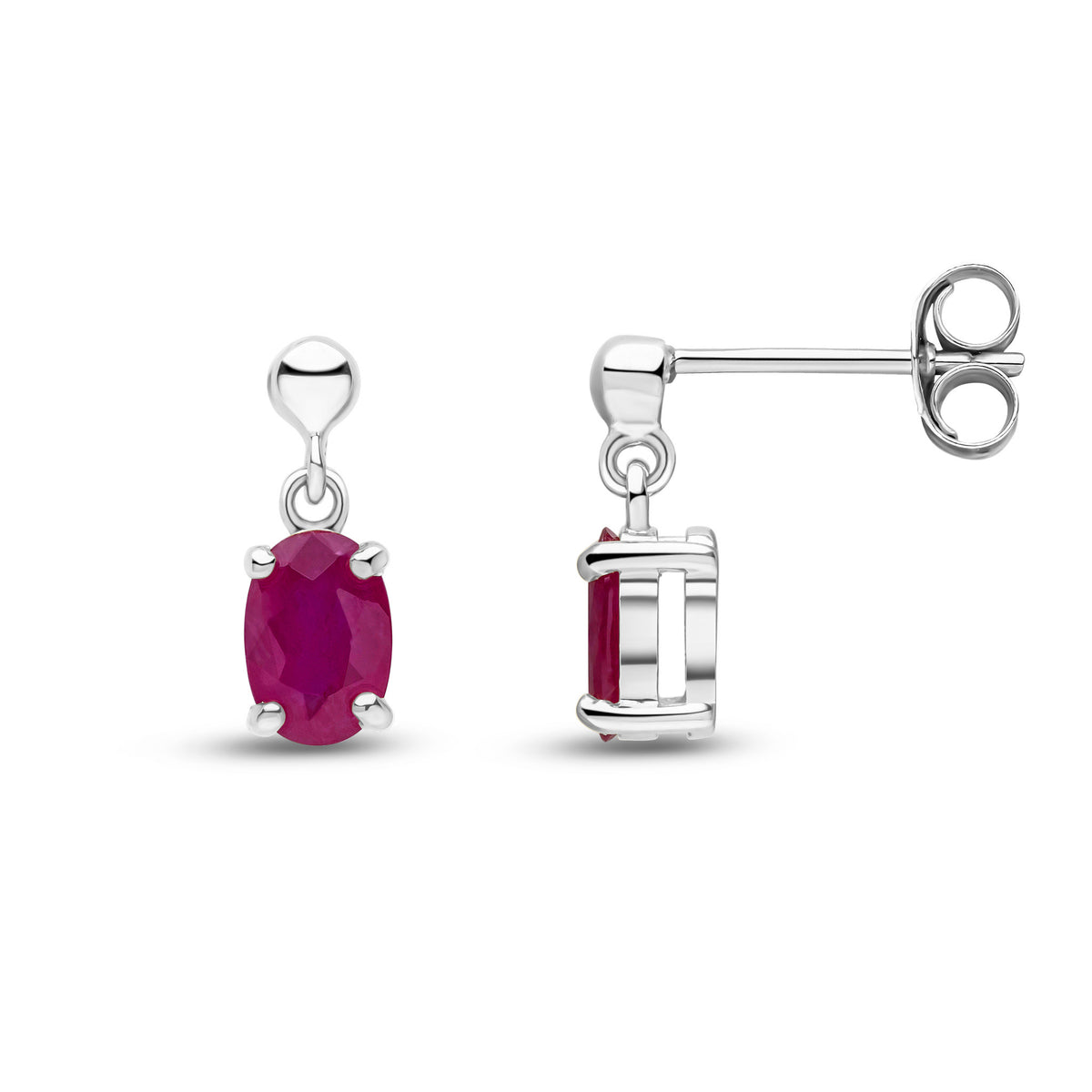 9ct White Gold 6x4 Oval Ruby Claw Set Drop Earrings with Bead Top