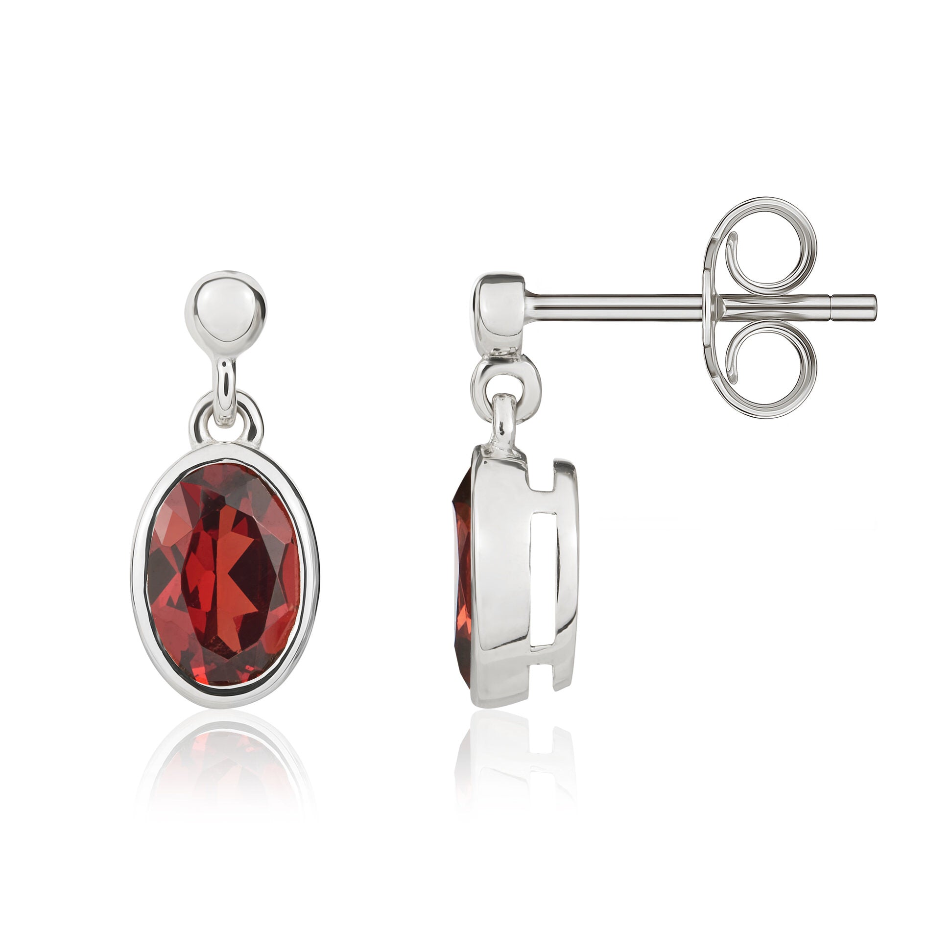 9ct White Gold 7x5mm Oval Garnet Rubover Drop Earrings with Bead Top