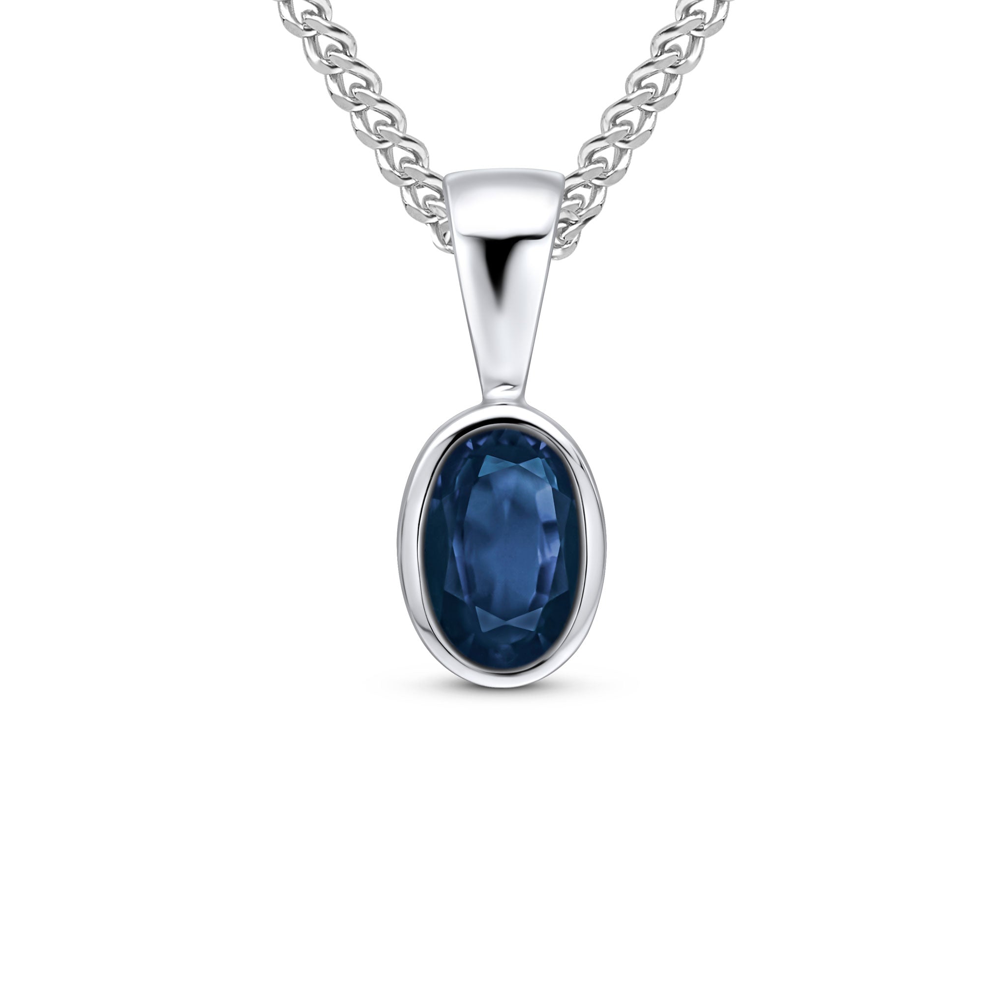 9ct white gold 6 x 4 mm oval Sapphire rubover pendant