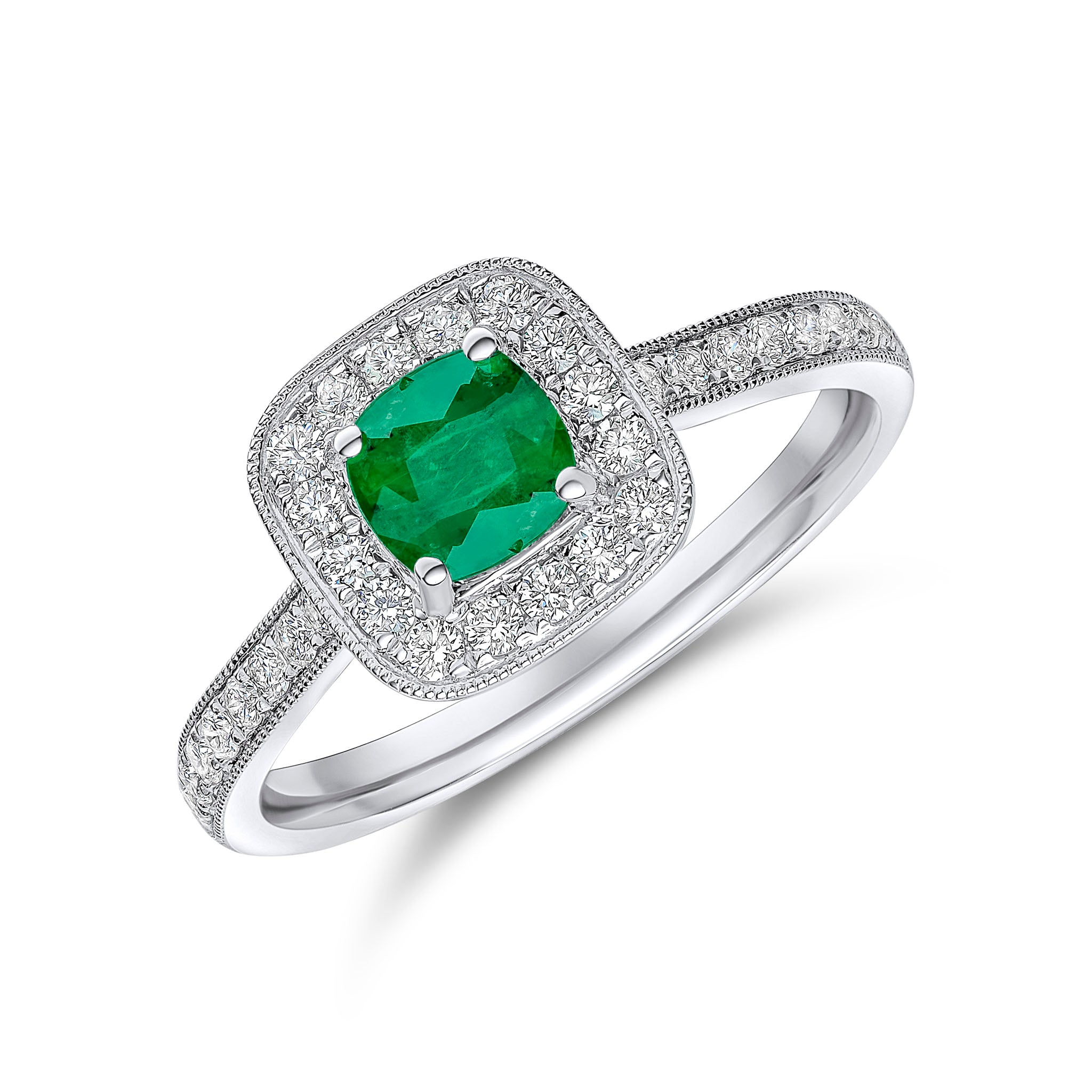 18ctwg 5mm Cushion Emerald & Diamond Milgrain Cluster Ring with Diamond Set Shoulders