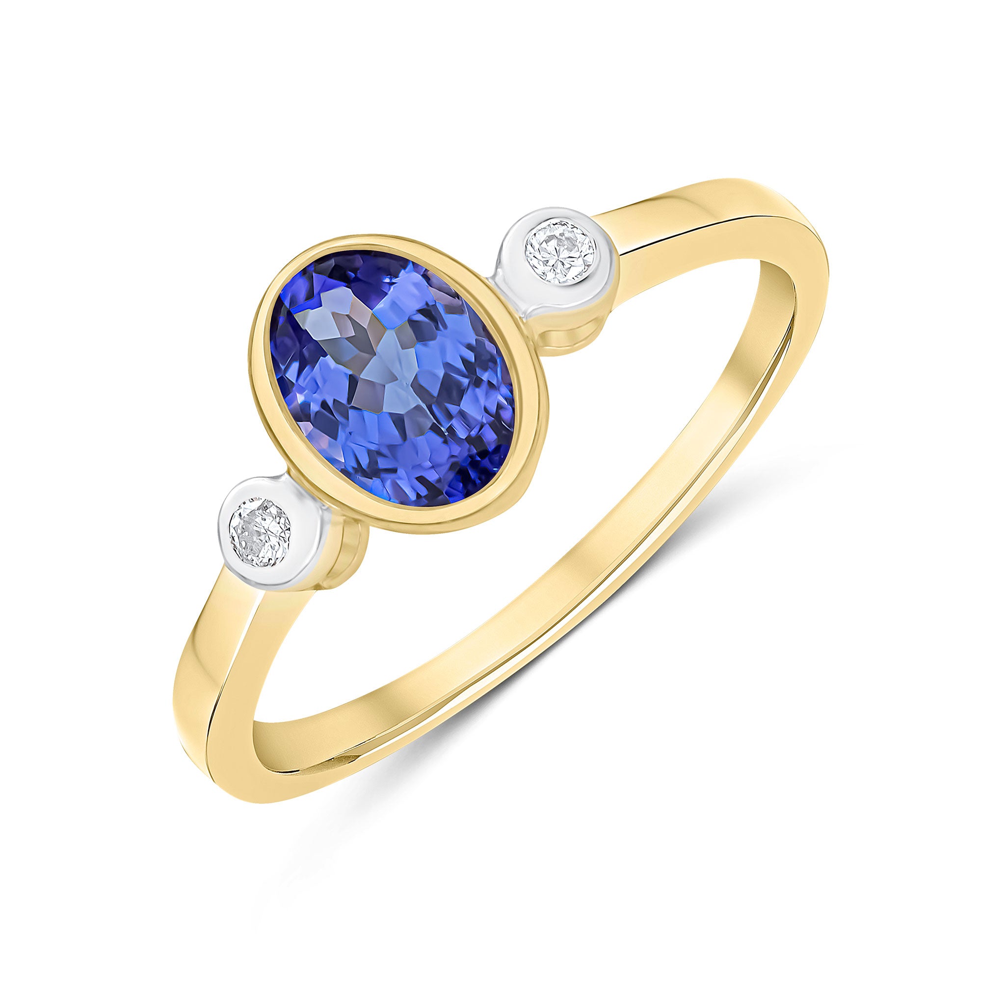 9ct Yellow Gold 7x5 Oval Tanzanite and Round Diamond 3 Stone Rubover Ring Rhodium to Diamonds