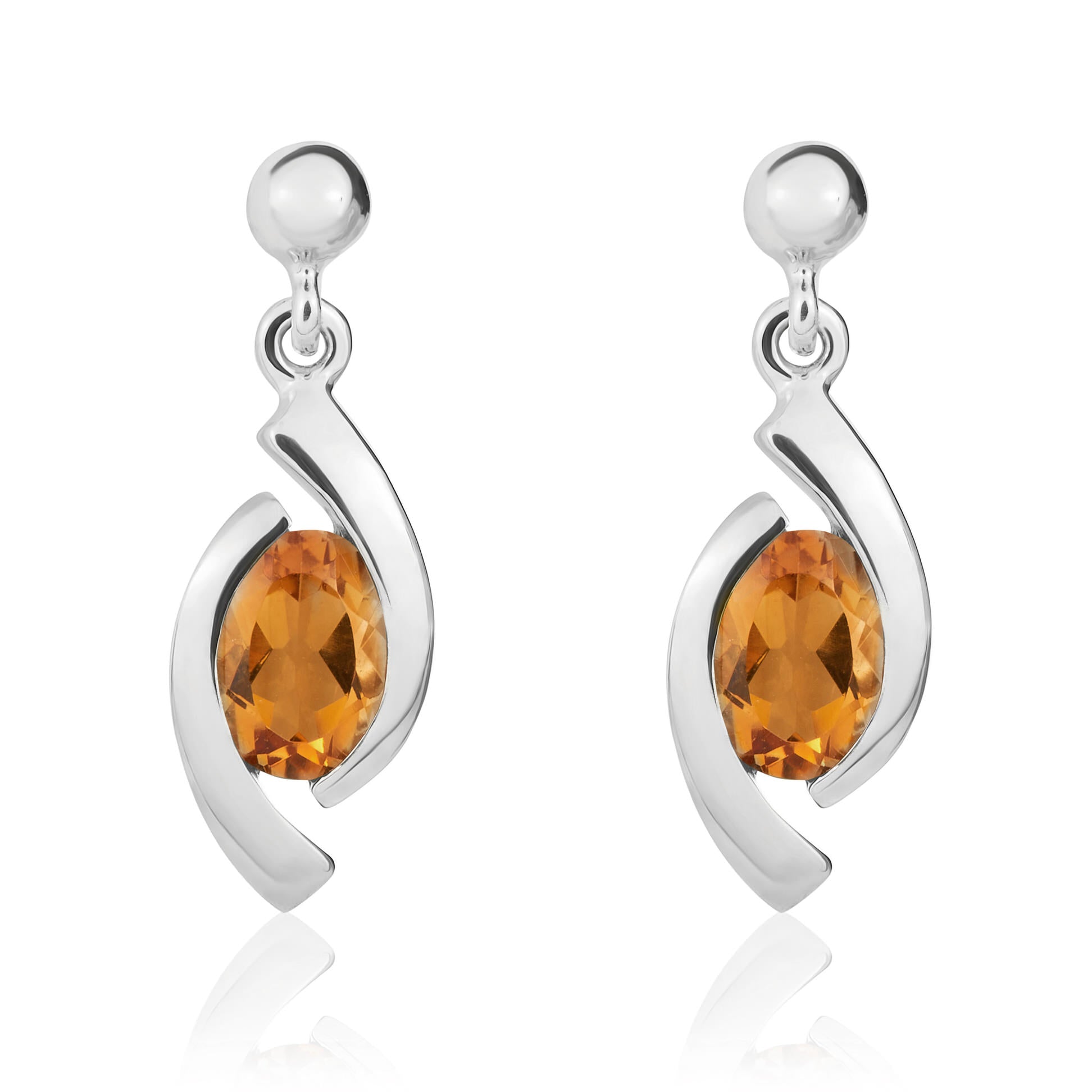 9ct White Gold Oval Citrine 'eye' Drop Earrings with 3mm Bead Top