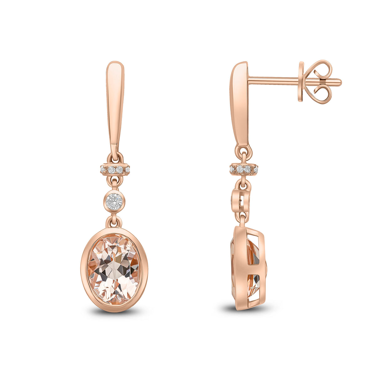 18ct Rose Gold Rubover Oval Morganite Diamond and Bar Drop Earrings