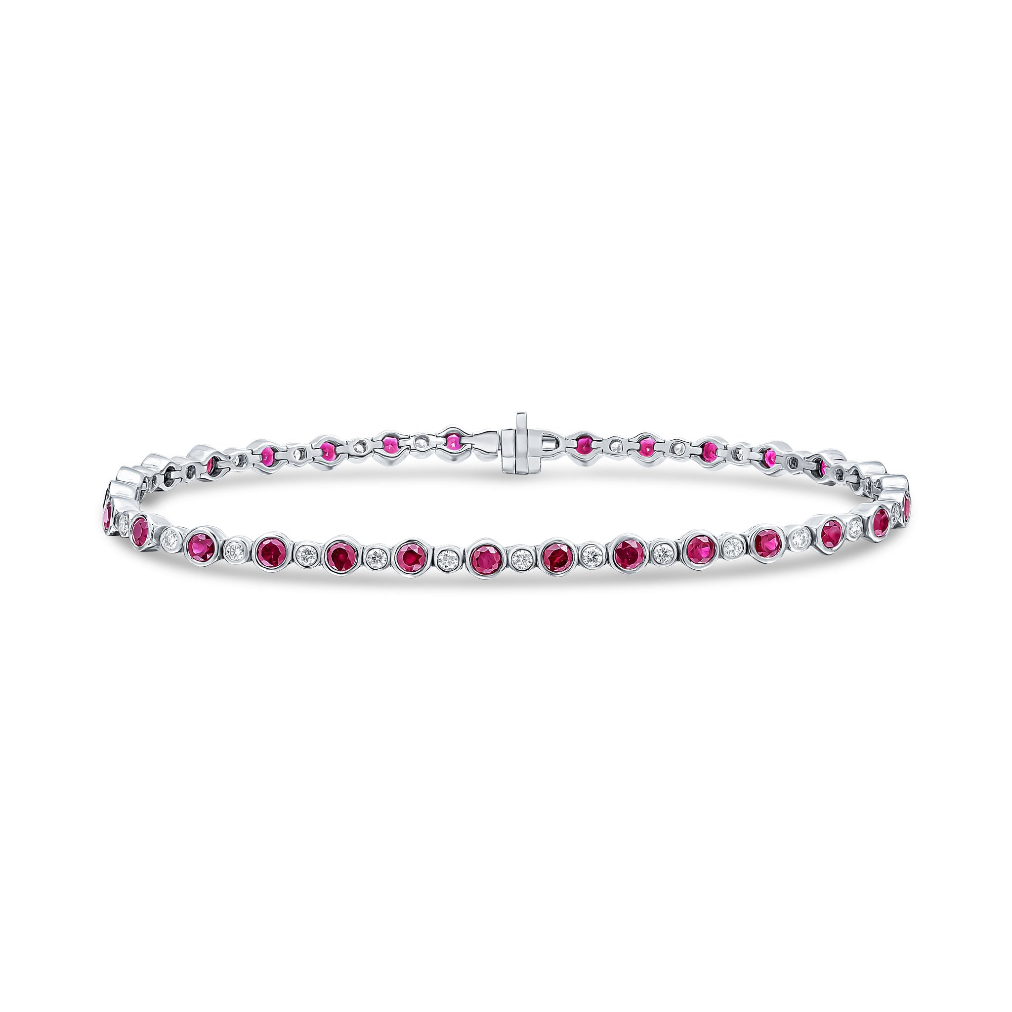18ct White Gold Round Ruby & Diamond Rubover Line Bracelet