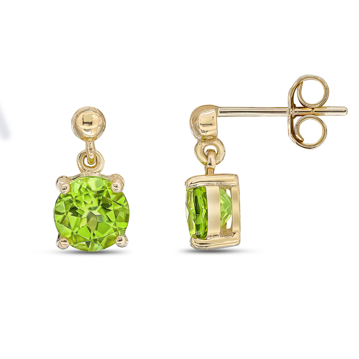 9ct Yellow Gold 6mm Round Peridot Claw Set Drop Earrings with Bead Top