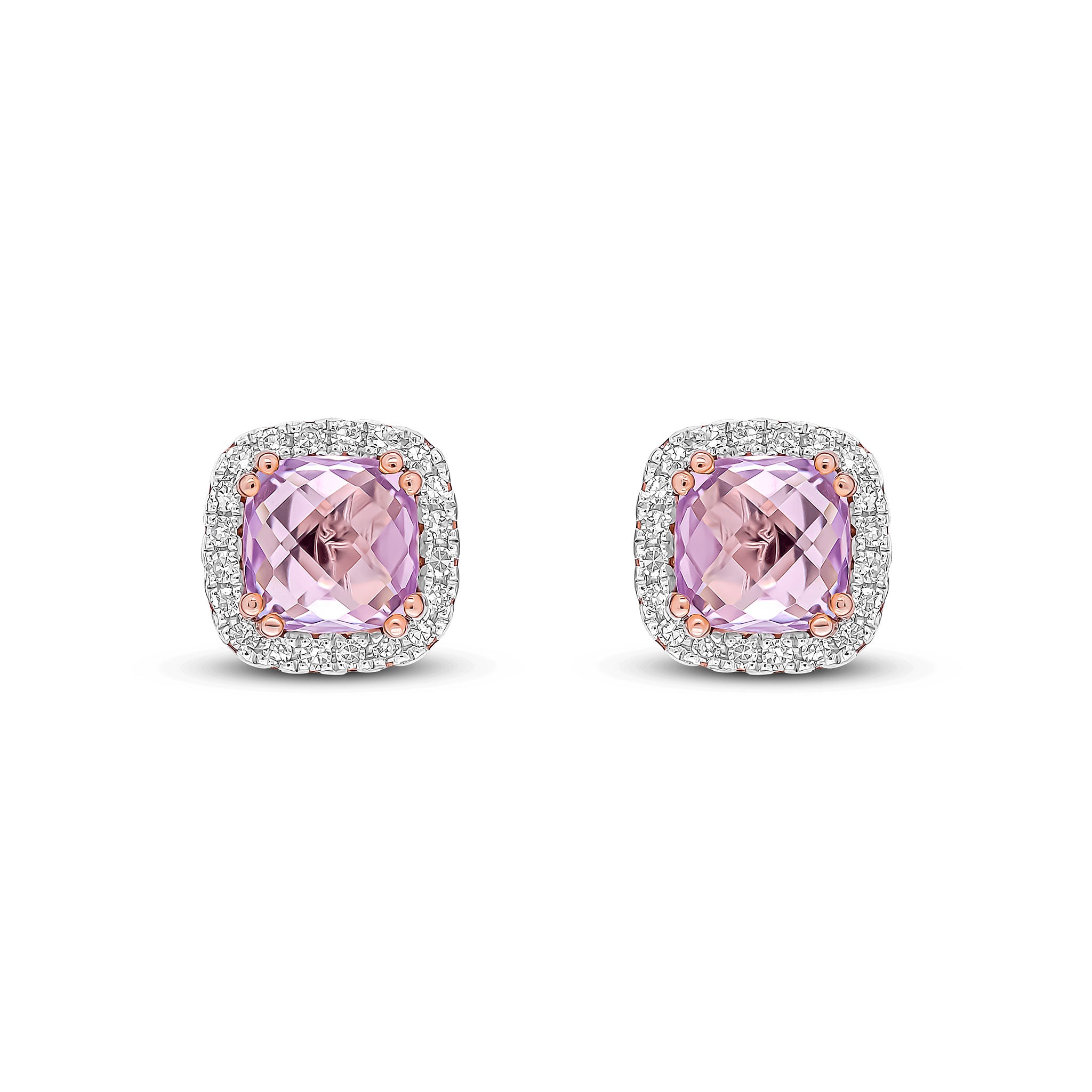 9ct Rose Gold 5mm Checkerboard Cut Cushion Pink Amethyst & Diamond Cluster Stud Earrings Rhodium to Diamonds