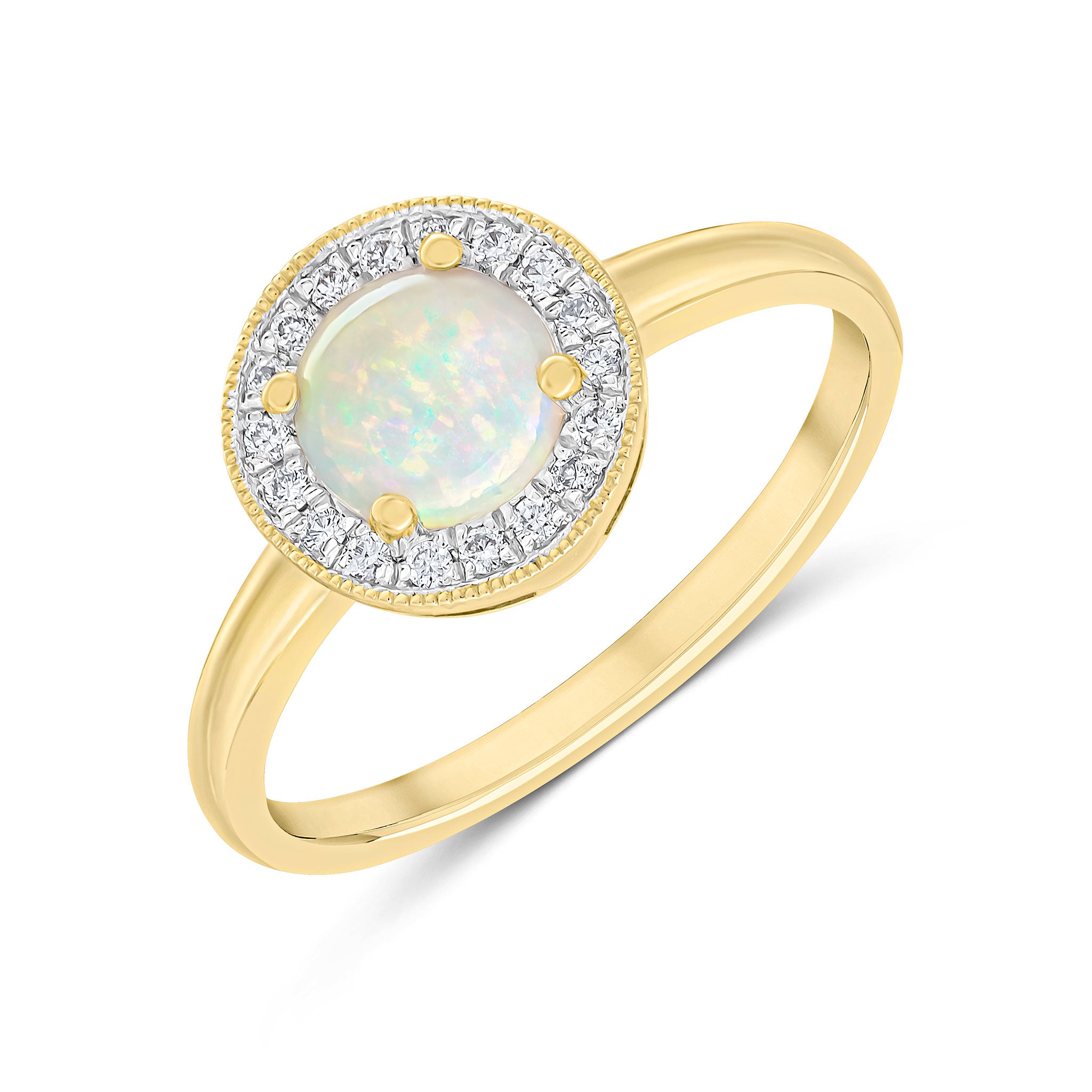 18ct Yellow Gold Claw Set 6mm Round Opal and Round Diamond Cluster Ring Milgrain Edge