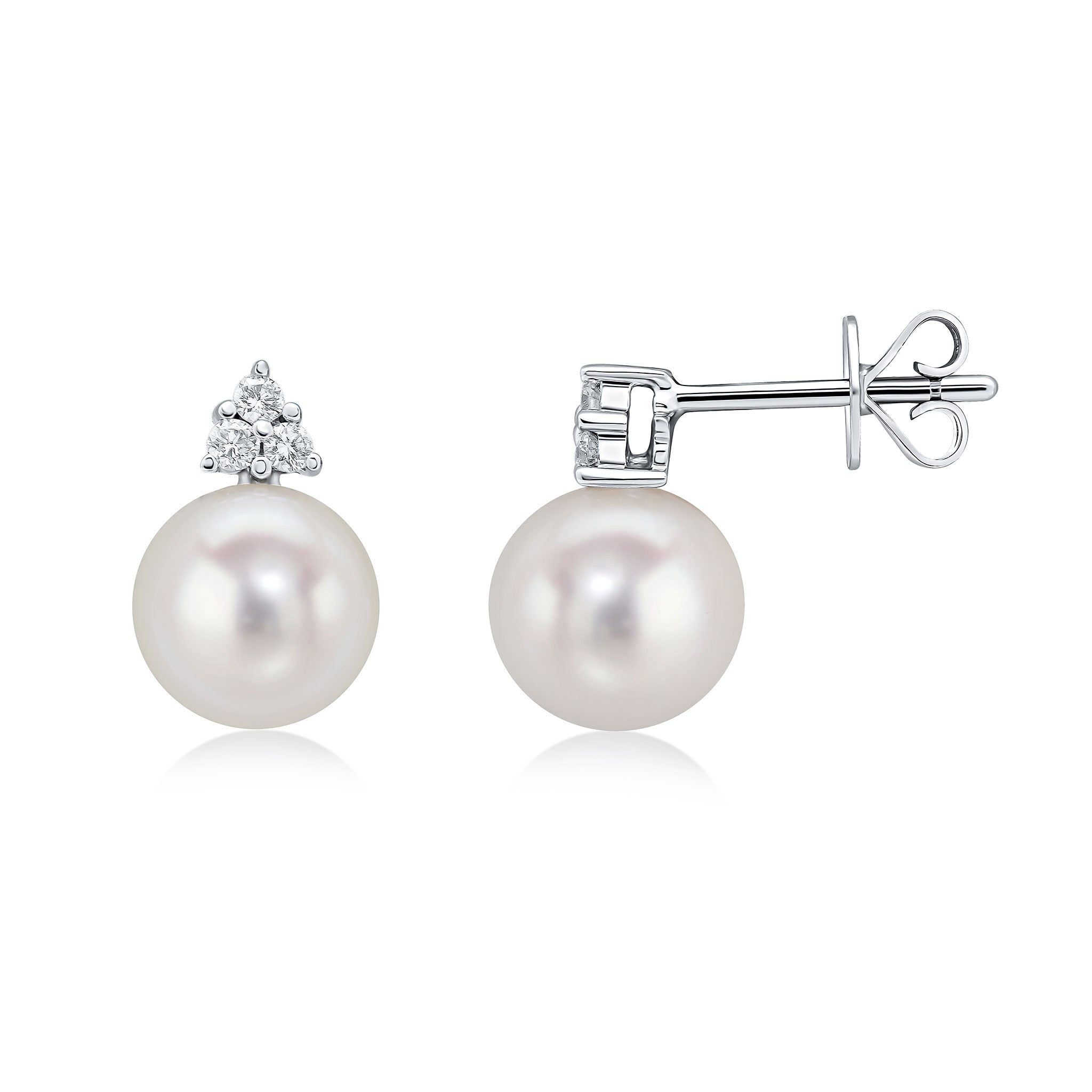 18ct White Gold Freshwater Cultured Pearl and Diamond Trefoil Top Claw Earrings
