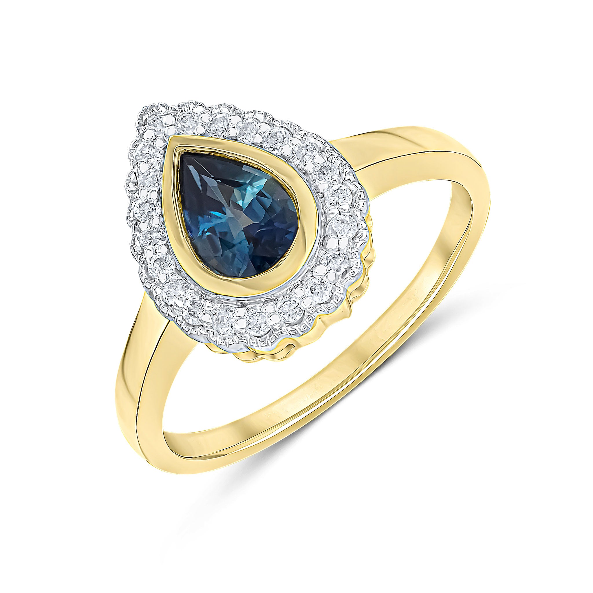 9ct Yellow Gold Pear Shape Rubover Sapphire and Milgrain Round Diamond Cluster Ring Rhodium to Diamonds