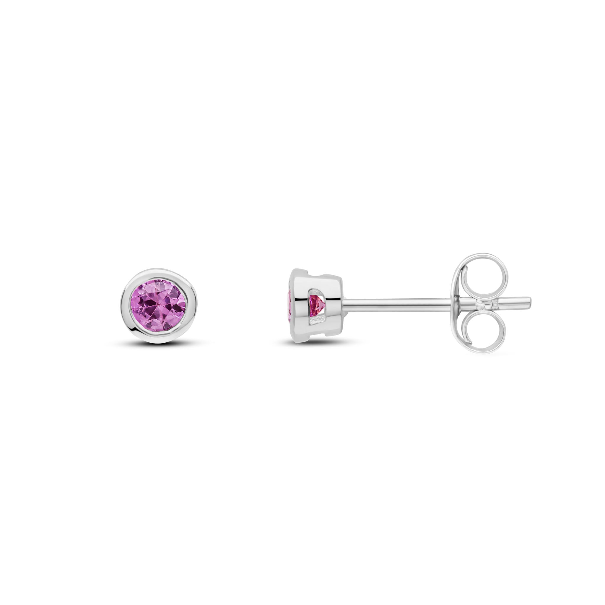 9ct White Gold 3mm Round Pink Sapphire Rubover Earrings
