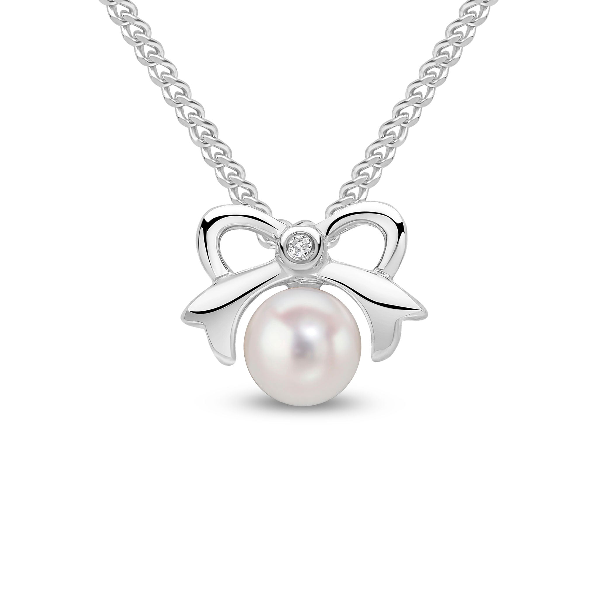 9ct White Gold Pearl & Diamond Bow Design Slider Pendant