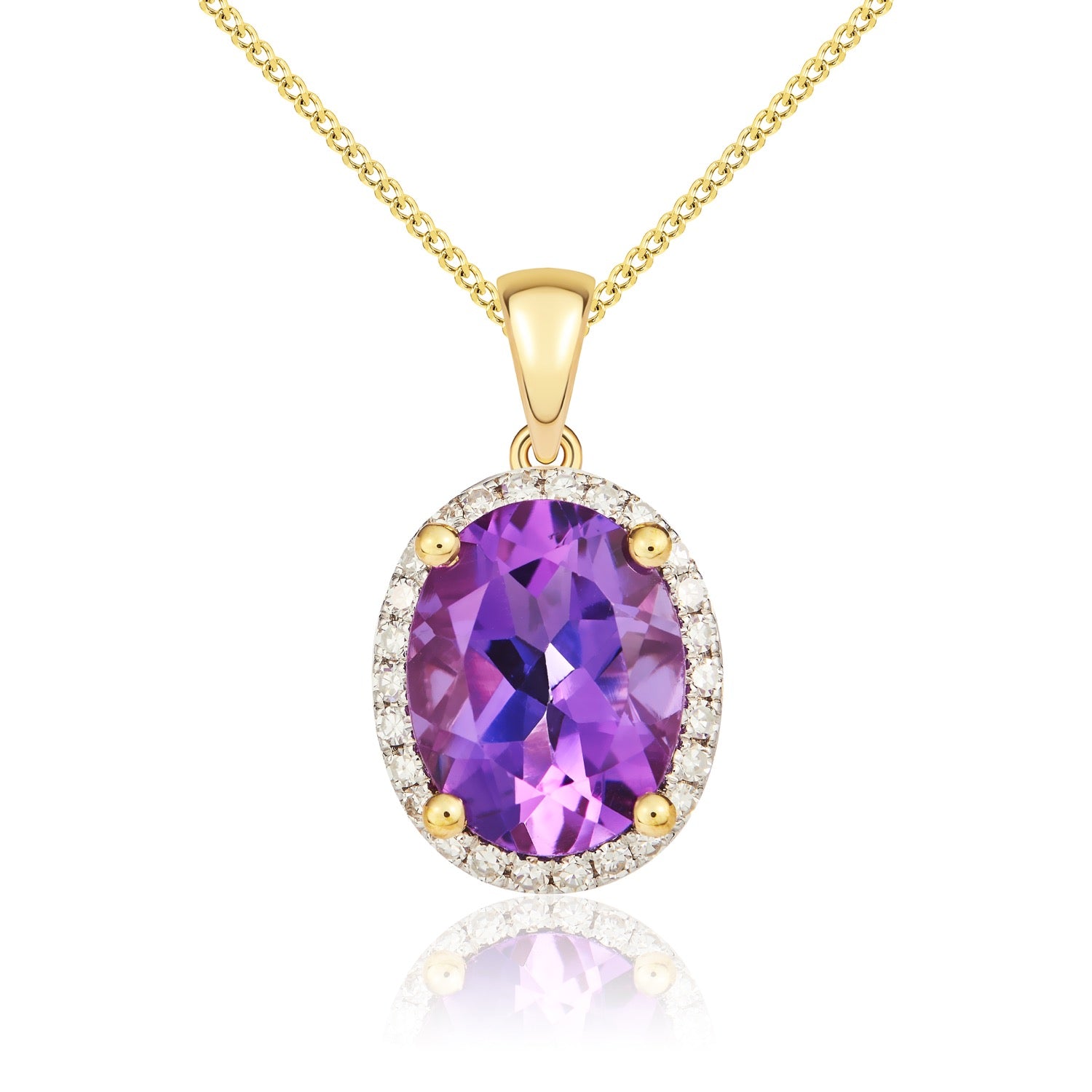9ct Yellow Gold Cushion Amethyst & Diamond Cluster Pendant