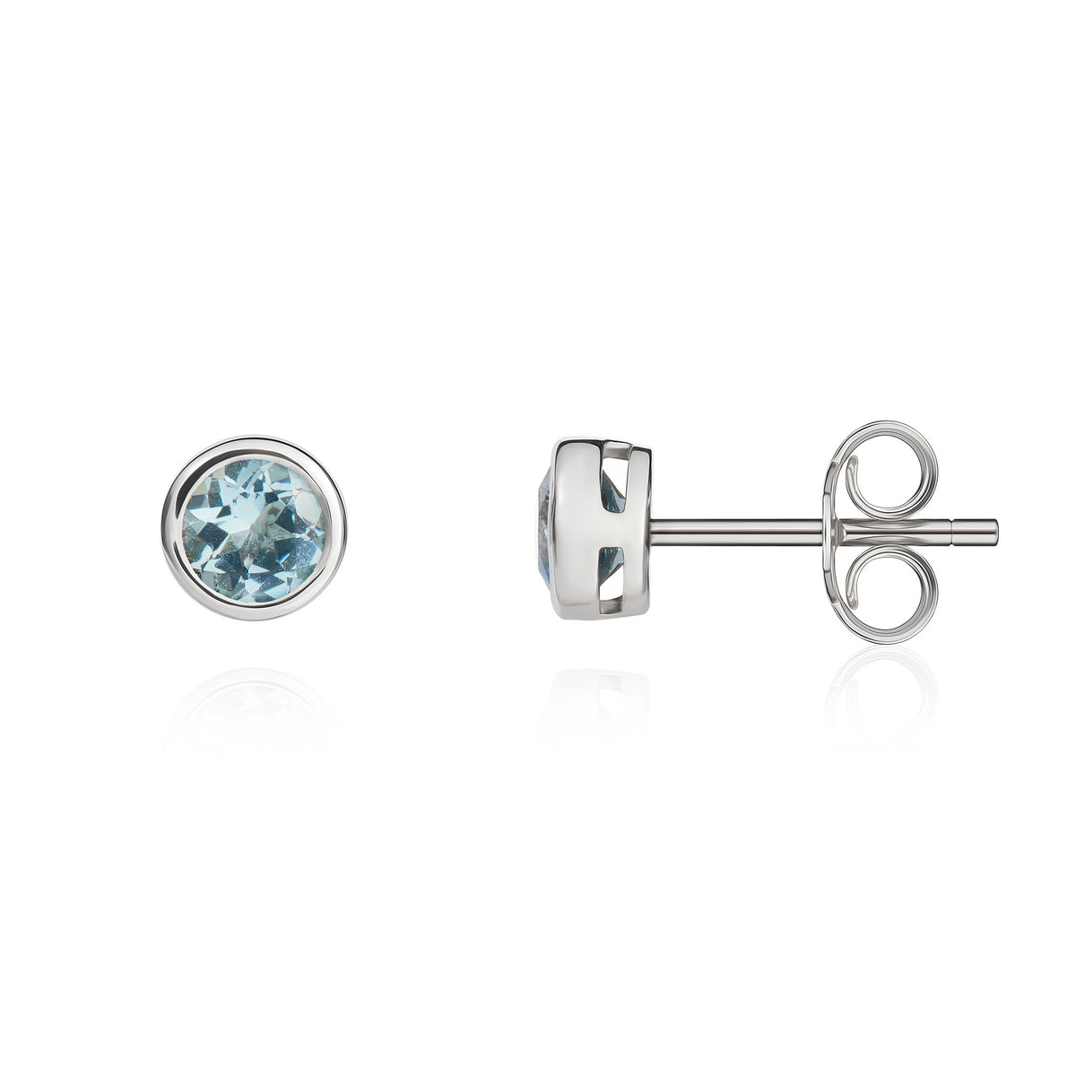 9ct White Gold Round Aquamarine Rubover Stud Earrings 5mm