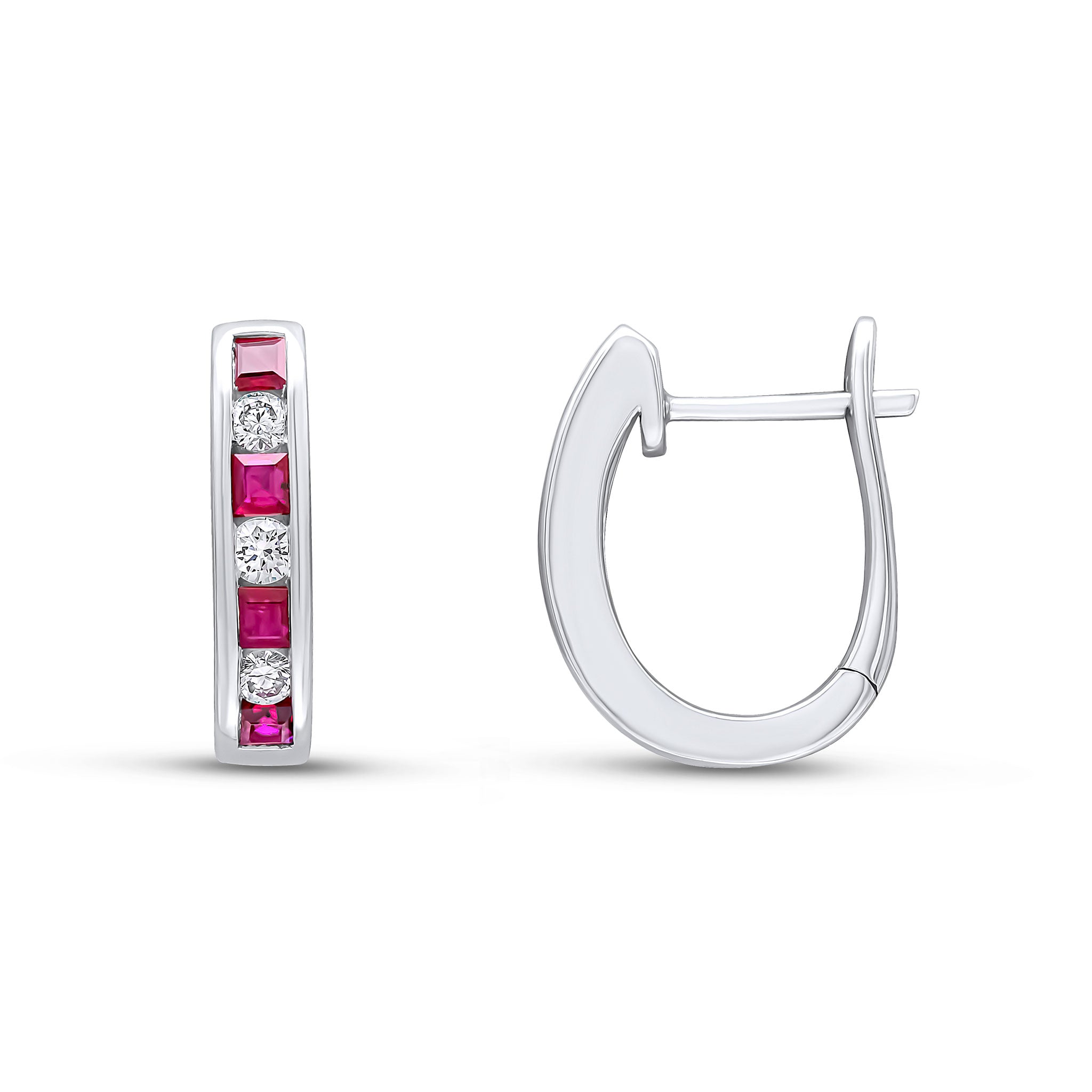 18wg Square Ruby & Round Diamond Oval Channel Hoops