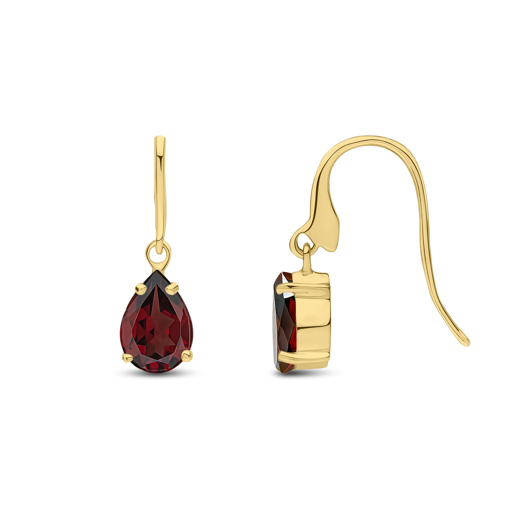 9ct Yellow Gold 7x5mm Pear Shape Garnet Claw Set Wire Hook Drop Earrings