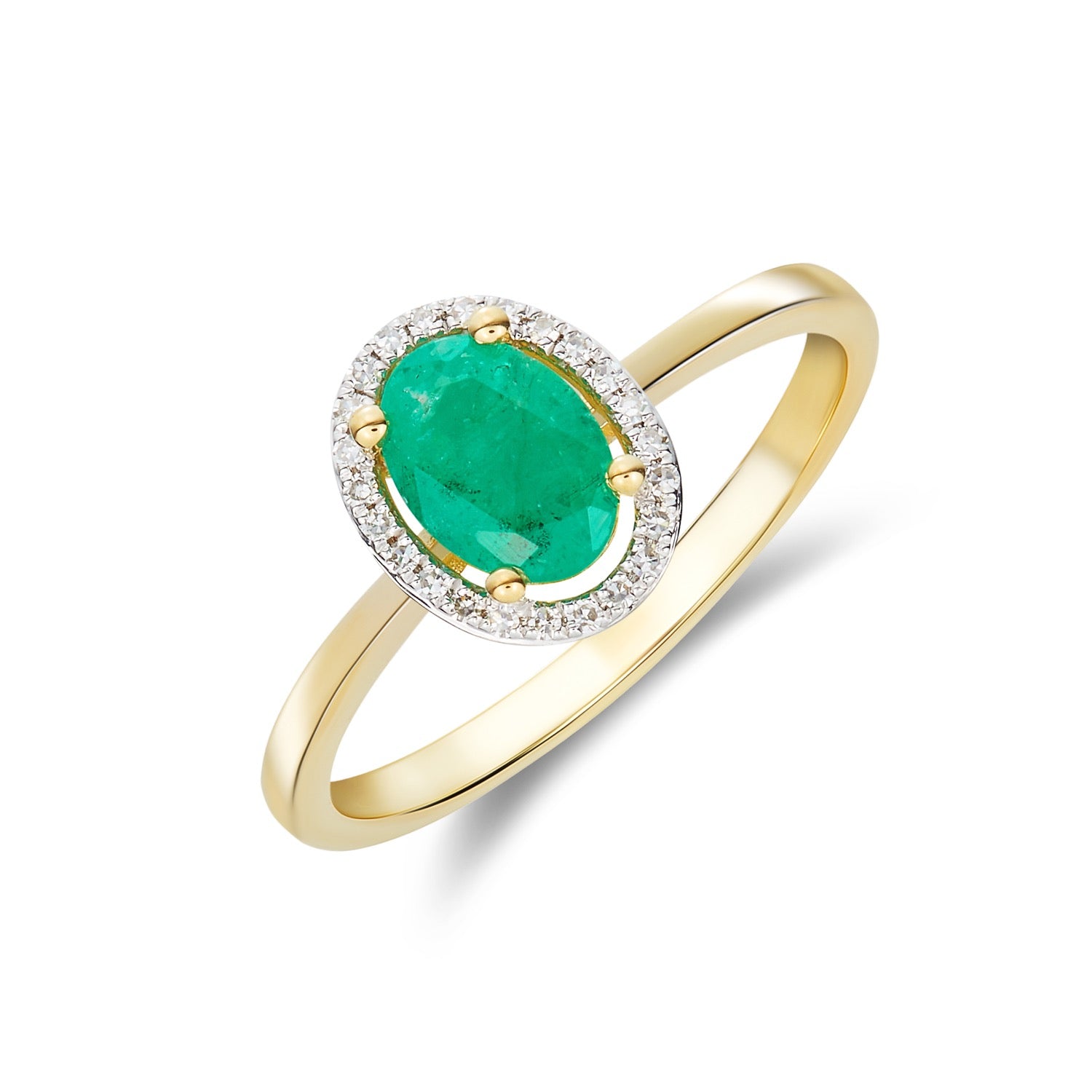 9CT YG 7X5 OVAL EMERALD & ROUND DIAMOND HALO CLUSTER RING. RHODIUM TO DIAMONDS 1