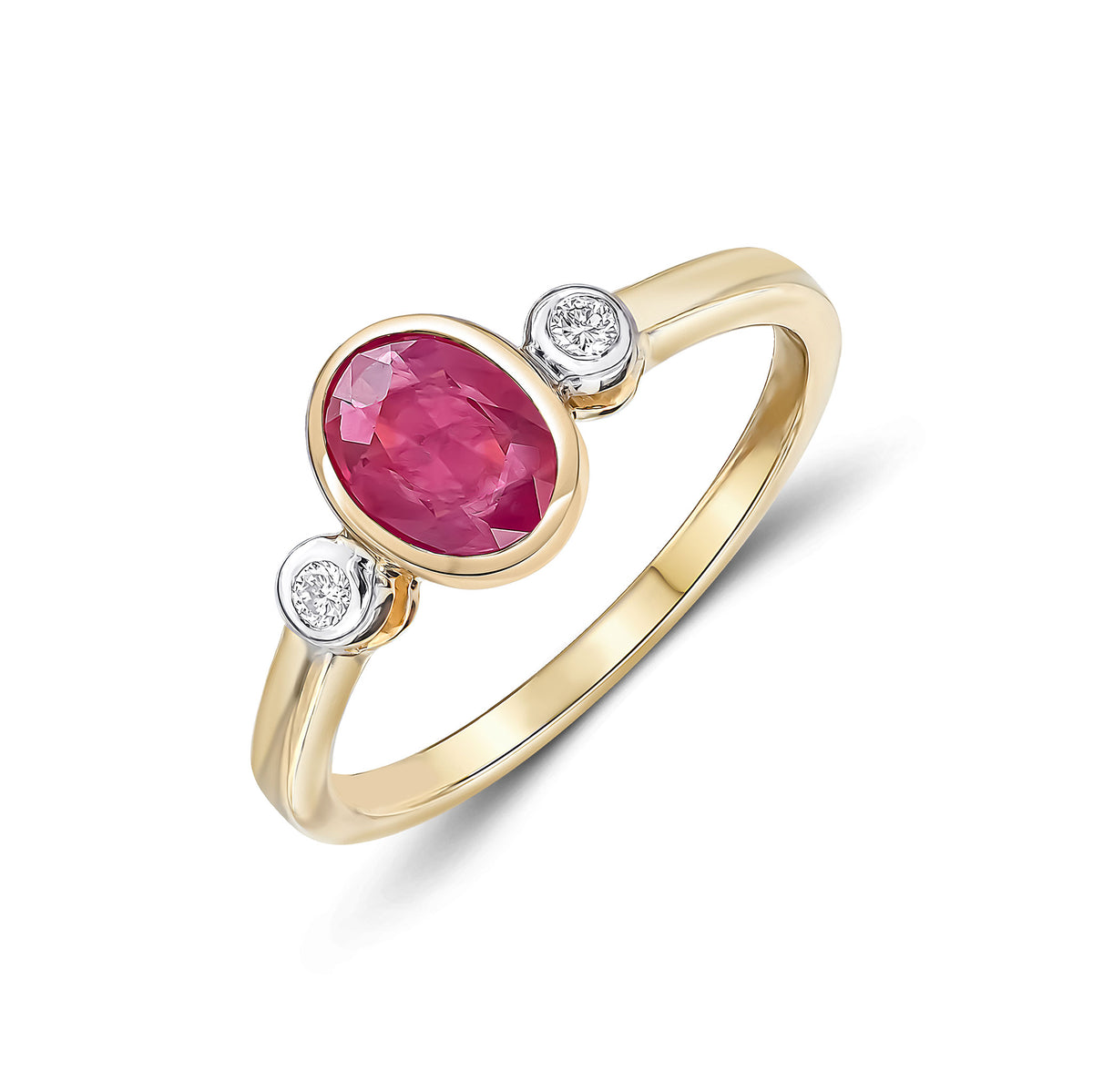 9ct Yellow Gold 7x5 Oval Ruby and Round Diamond 3 Stone Rubover Ring Rhodium to Diamonds