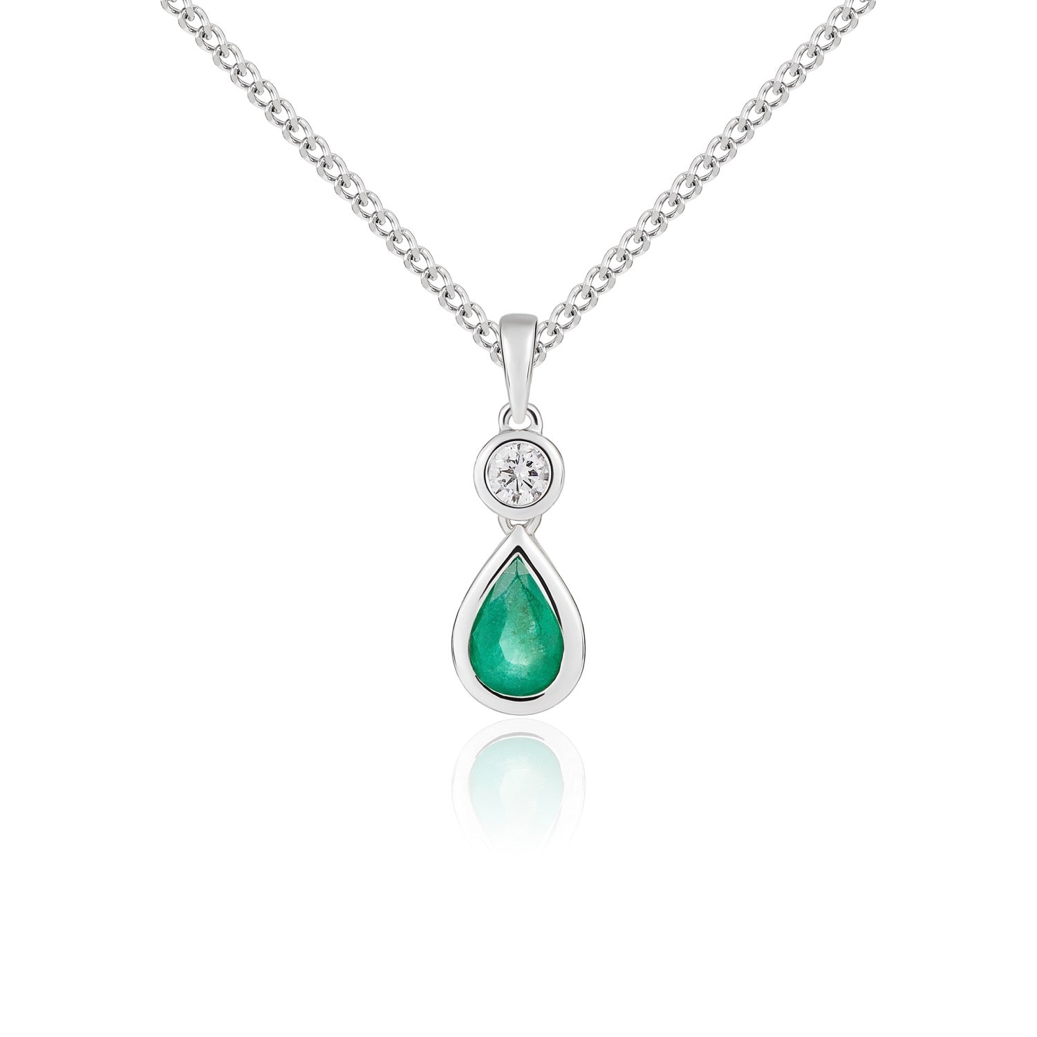 18ct White Gold Pear Shape Emerald and Round Diamond 2 Stone Rubover Pendant