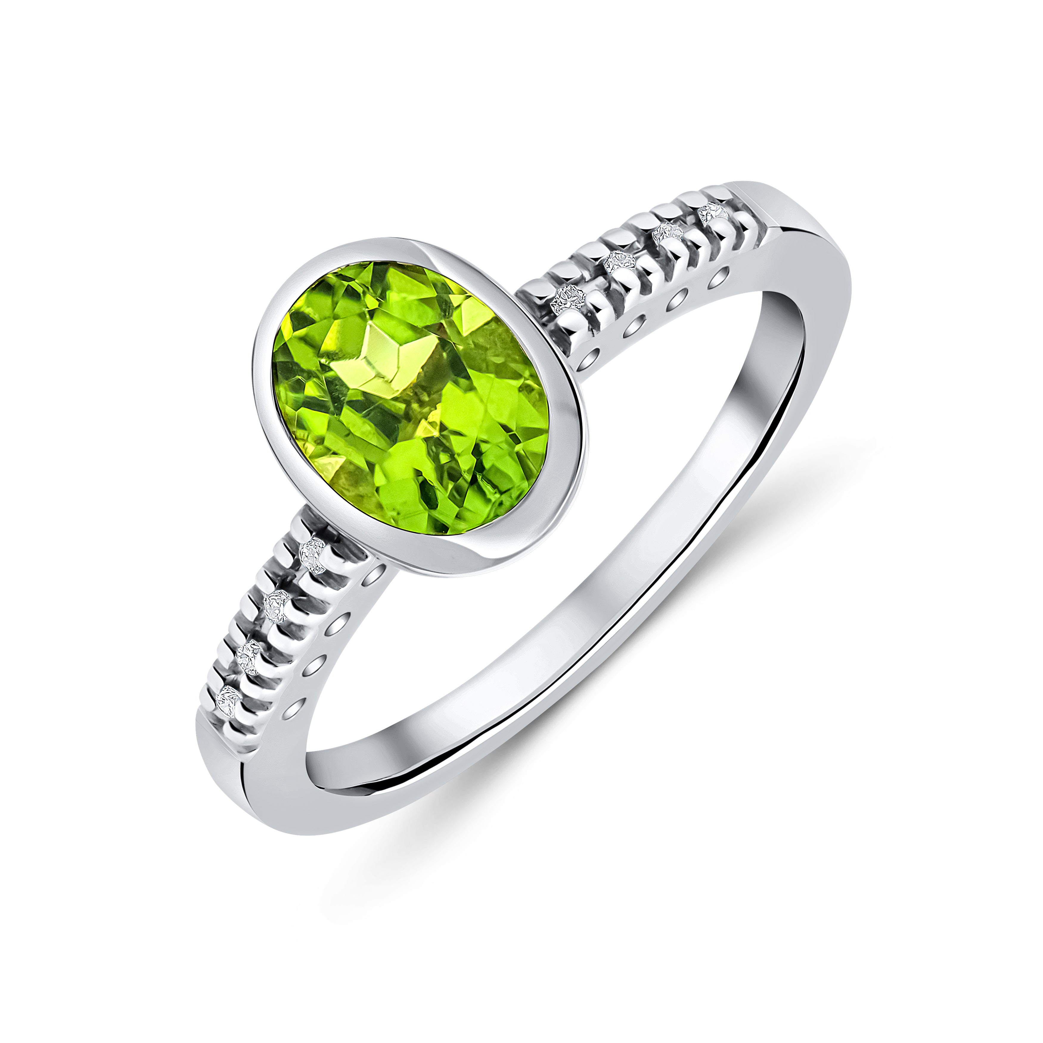 9CT WG RUBOVER 8X6 OVAL PERIDOT SINGLE STONE RING WITH CLAW SET DIAMOND SHOULDERS 1
