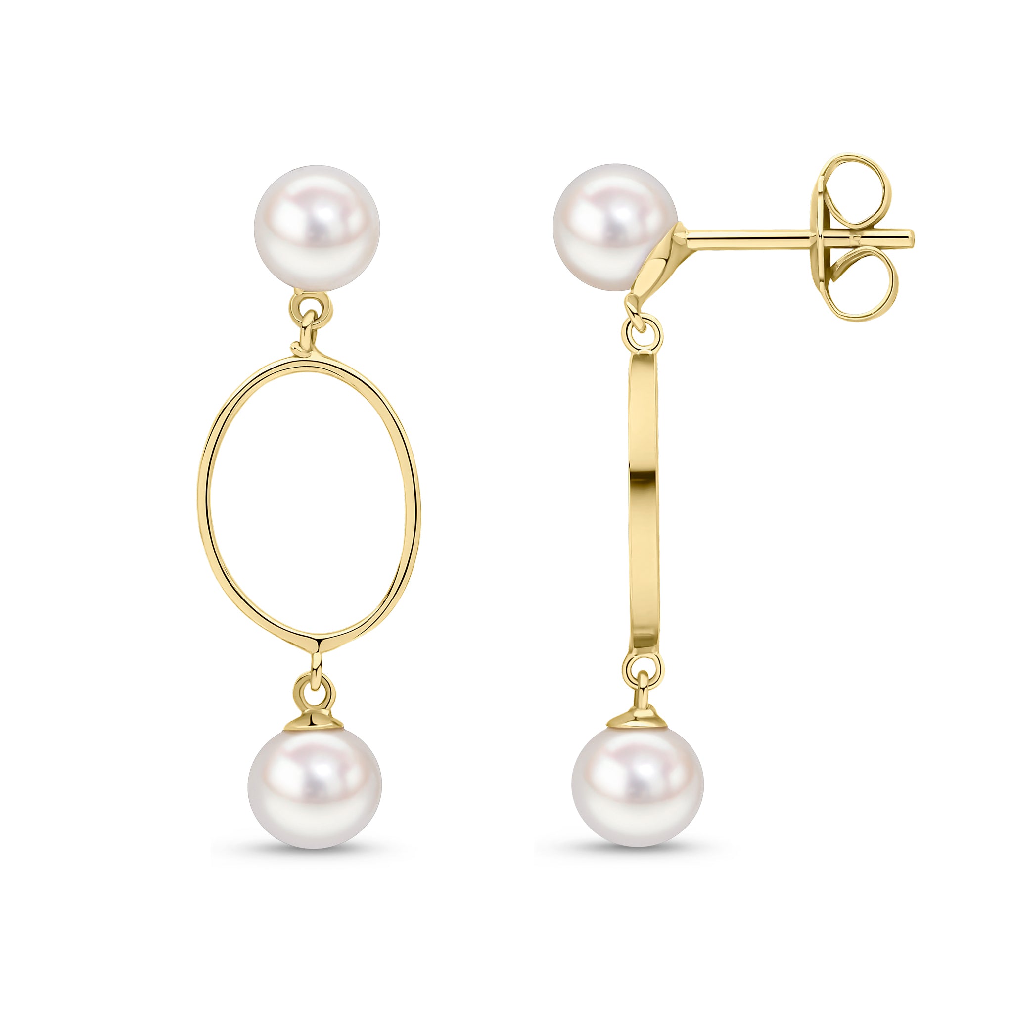 9ct Yellow Gold Open Oval Drop Earrings with 5mm Fw Pearl Top and Bottom