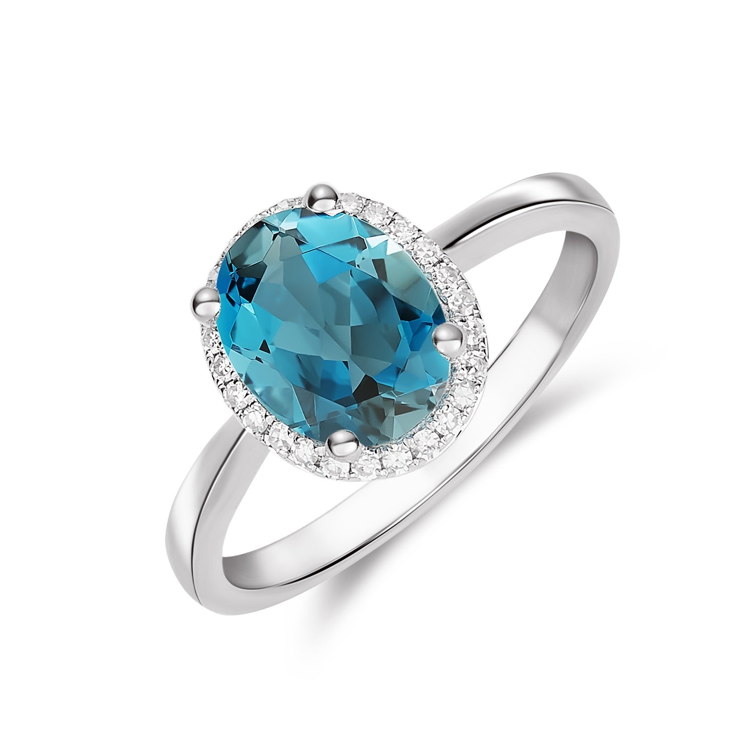 9ct White Gold 9x7 Oval London Blue Topaz and Diamond Claw Set Cluster Ring