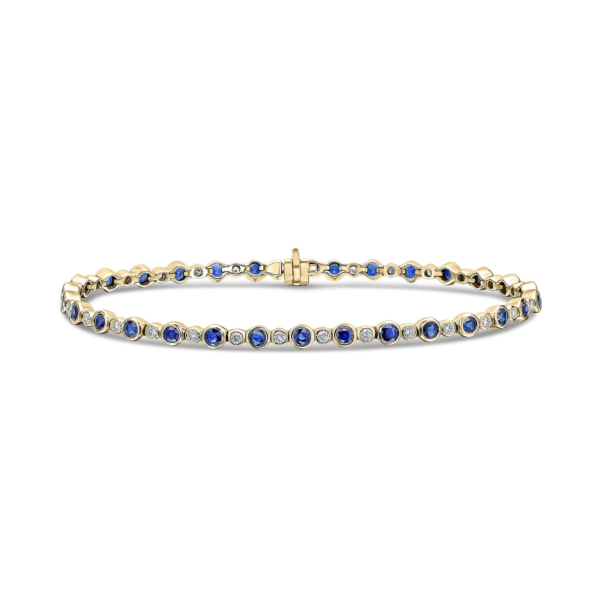 18ct Yellow Gold Round Sapphire & Diamond Rubover Line Bracelet