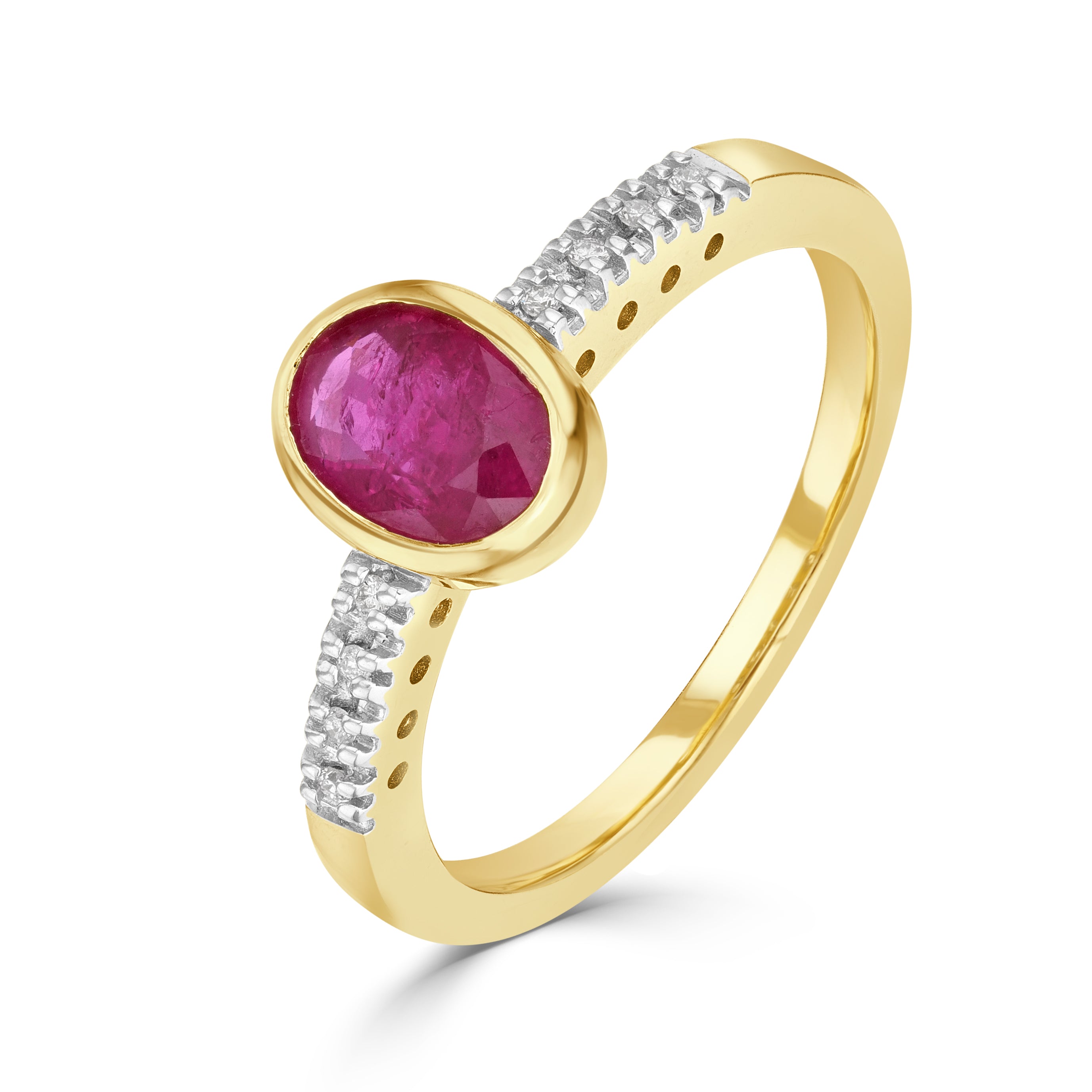 9CT YG RUBOVER 7X5 OVAL RUBY SINGLE STONE RING WITH CLAW SET DIAMOND SHOULDERS. RHODIUM TO DIAMONDS 1