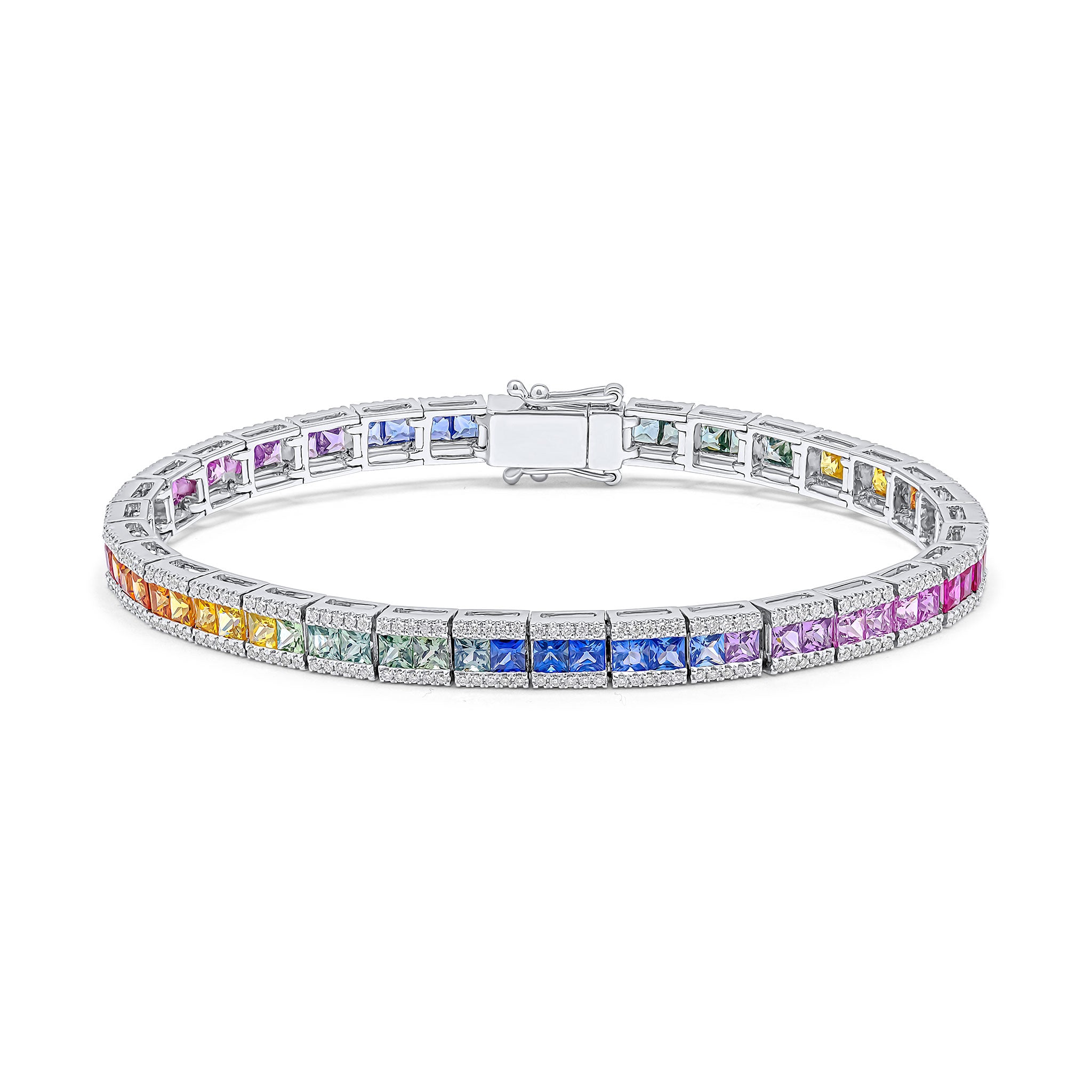 18ct White Gold Square Multi-Sapphire and Round Diamond 3 Row Bracelet