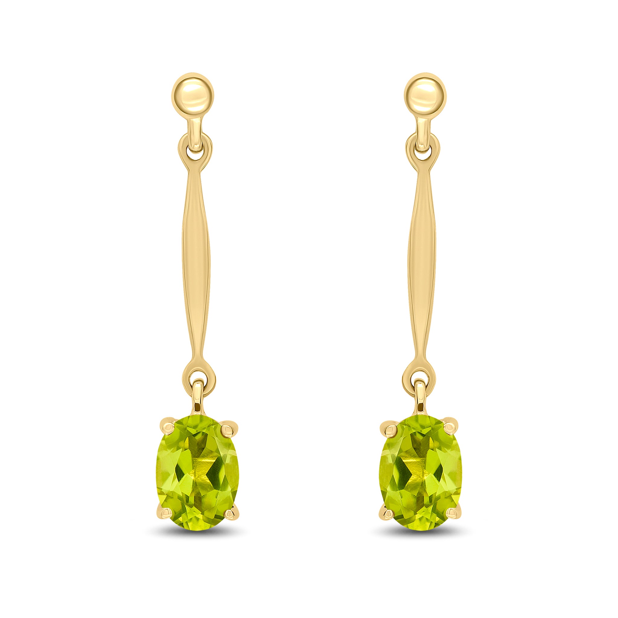 9ct Yellow Gold 7x5mm Oval Peridot and Bar Drop Earrings with Bead Top