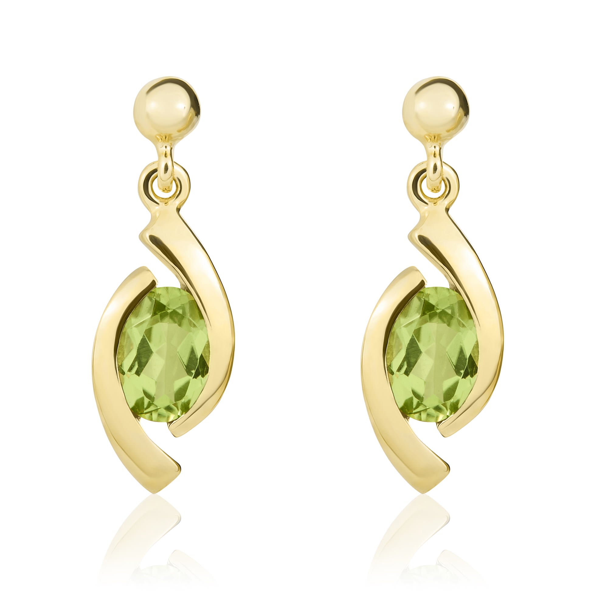 9ct Yellow Gold Oval Peridot 'eye' Drop Earrings with 3mm Bead Top