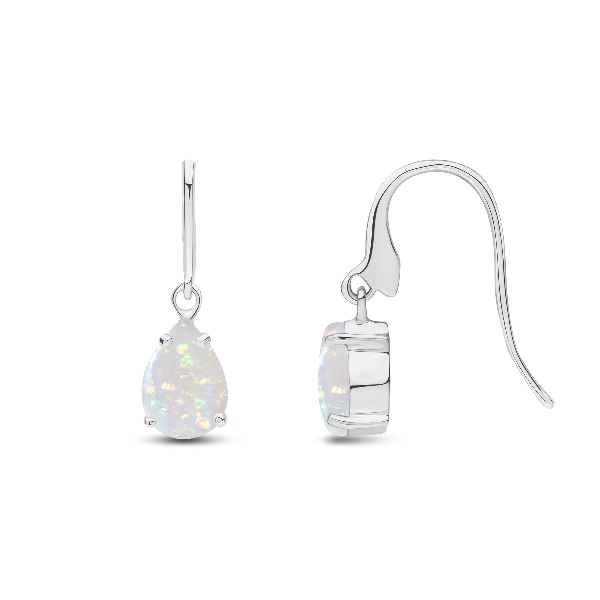 9ct White Gold 7x5 Pear Shape Opal Claw Set Wire Hook Drop Earrings