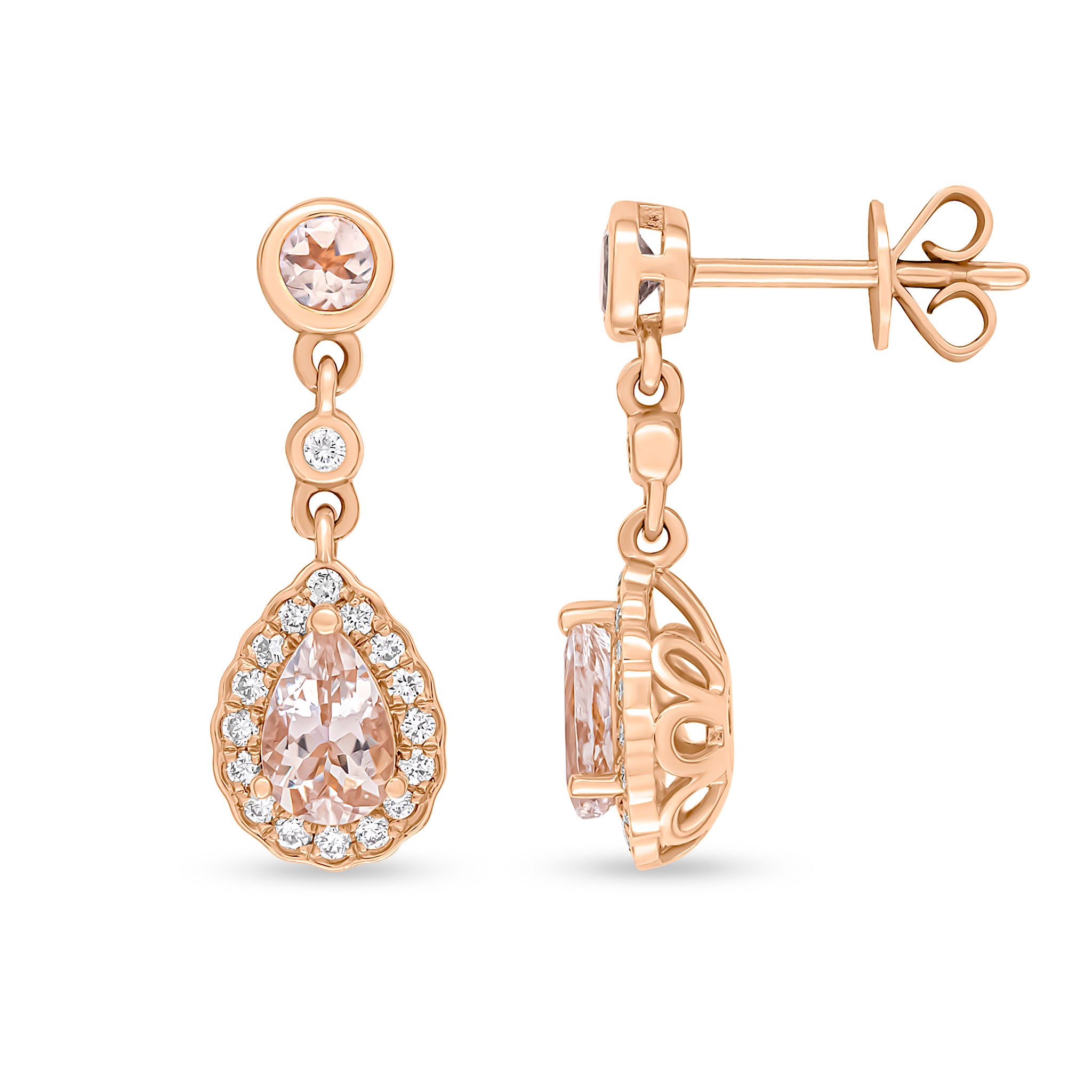 18ct Rose Gold Pear Shape Morganite and Round Diamond Cluster Drop Earrings with Rubover Round Morganite Top