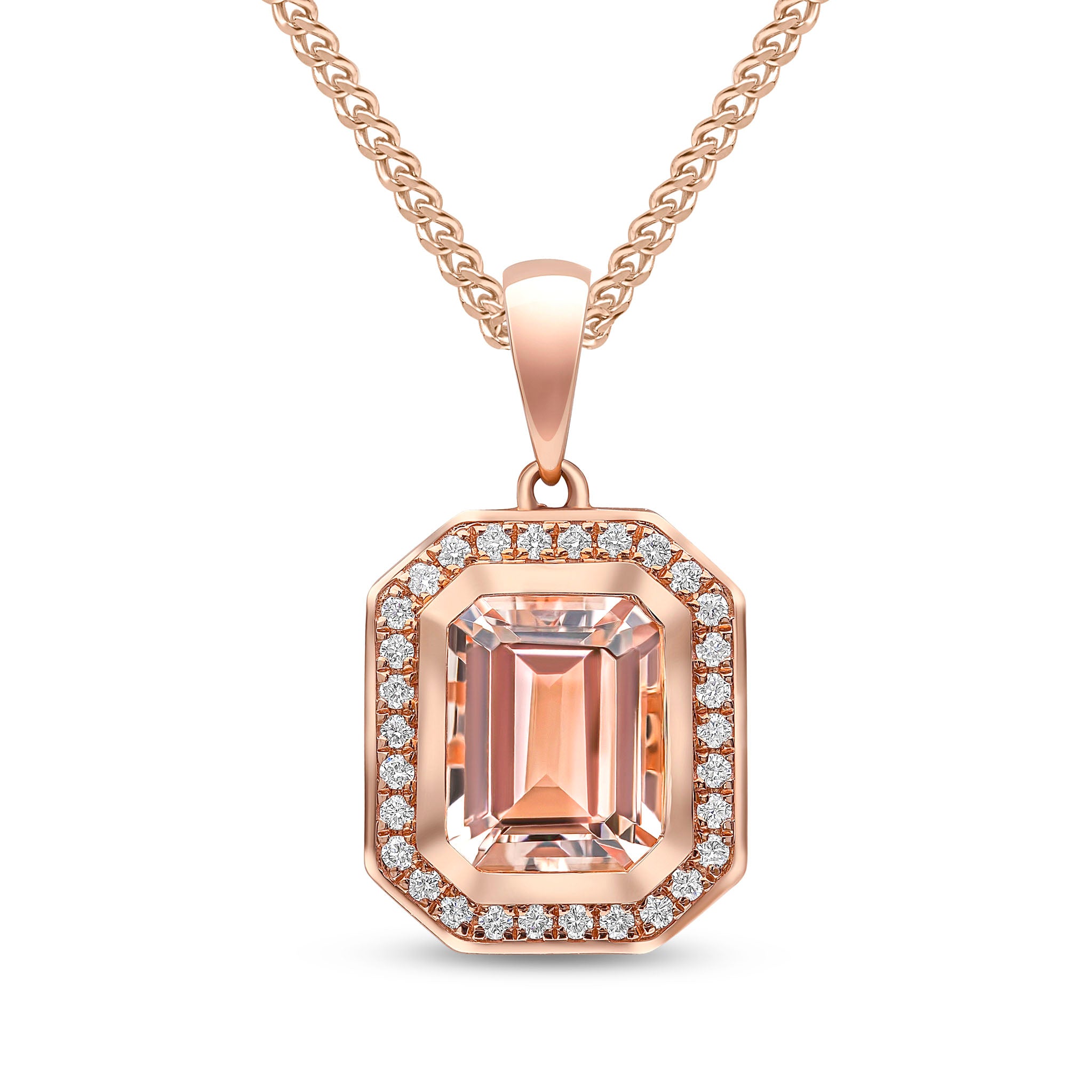 18ct Rose Gold Rubover Octagonal Morganite & Grain Set Diamond Cluster Pendant with Plain Loop