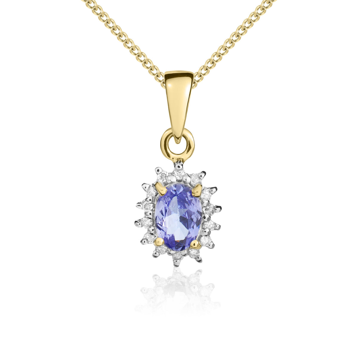 9ct Yellow Gold Oval 6x4 Tanzanite & Diamond Cluster Claw Pendant