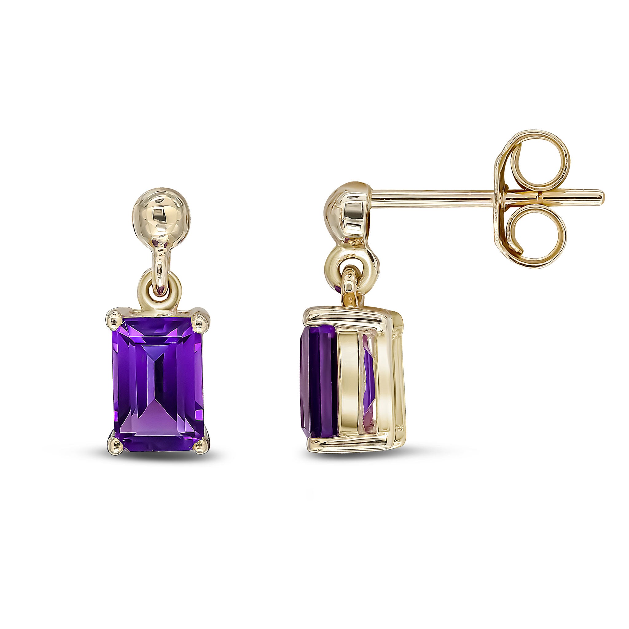 9ct Yellow Gold 6x4 Octagon Amethyst Claw Set Drop Earrings with Bead Top