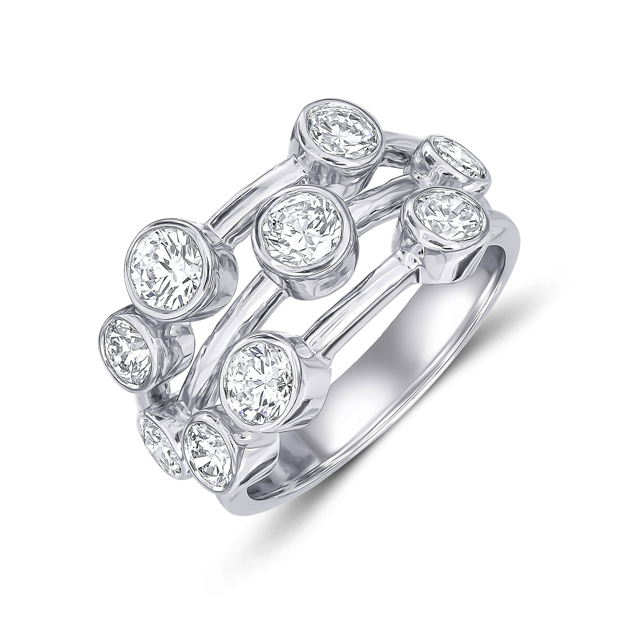 18ct White Gold Diamond 3 Row Bubble Ring 1.75ct Total