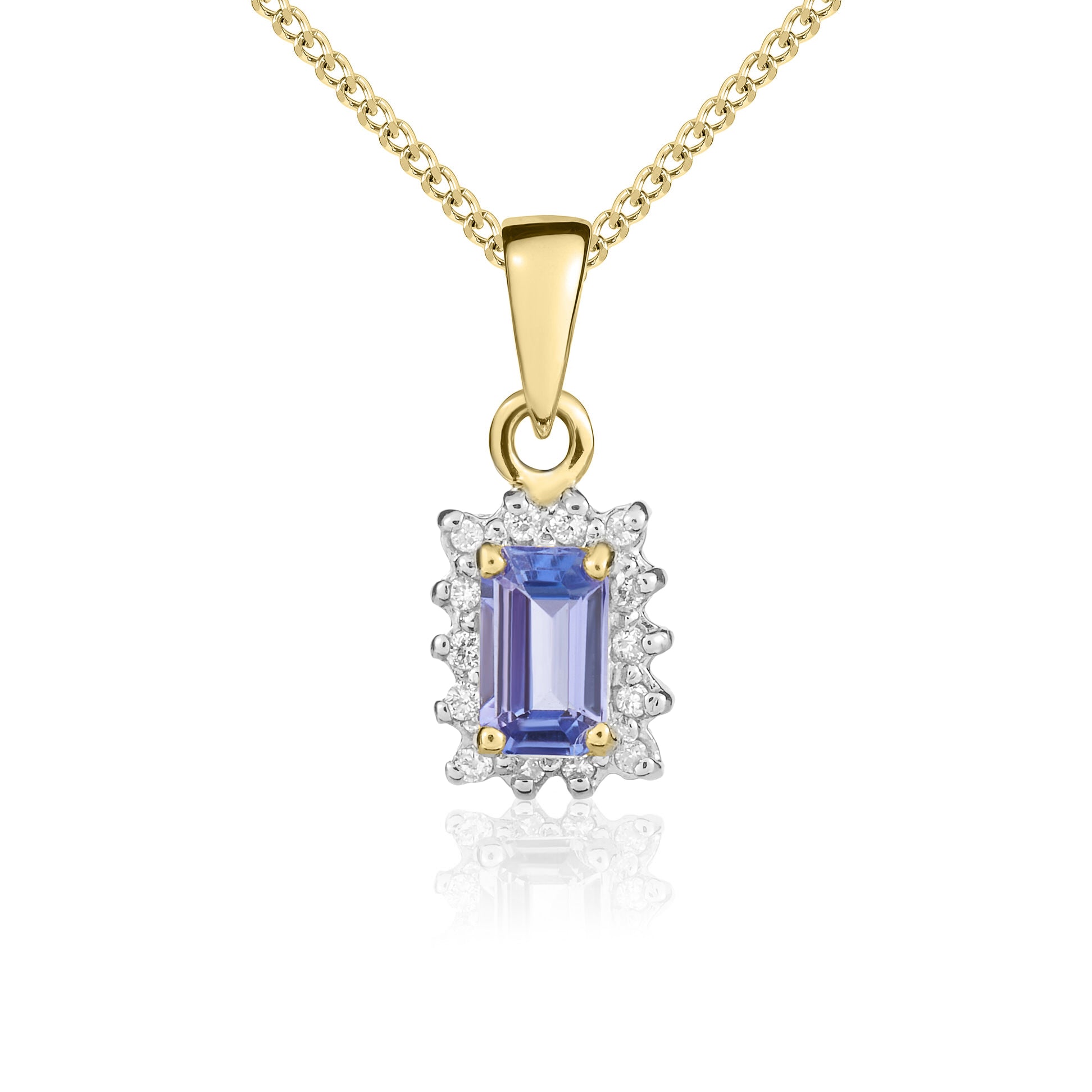 9ct Yellow Gold 5x3 Octagon Tanzanite & Diamond Claw Set Cluster Pendant Rhodium to Diamonds