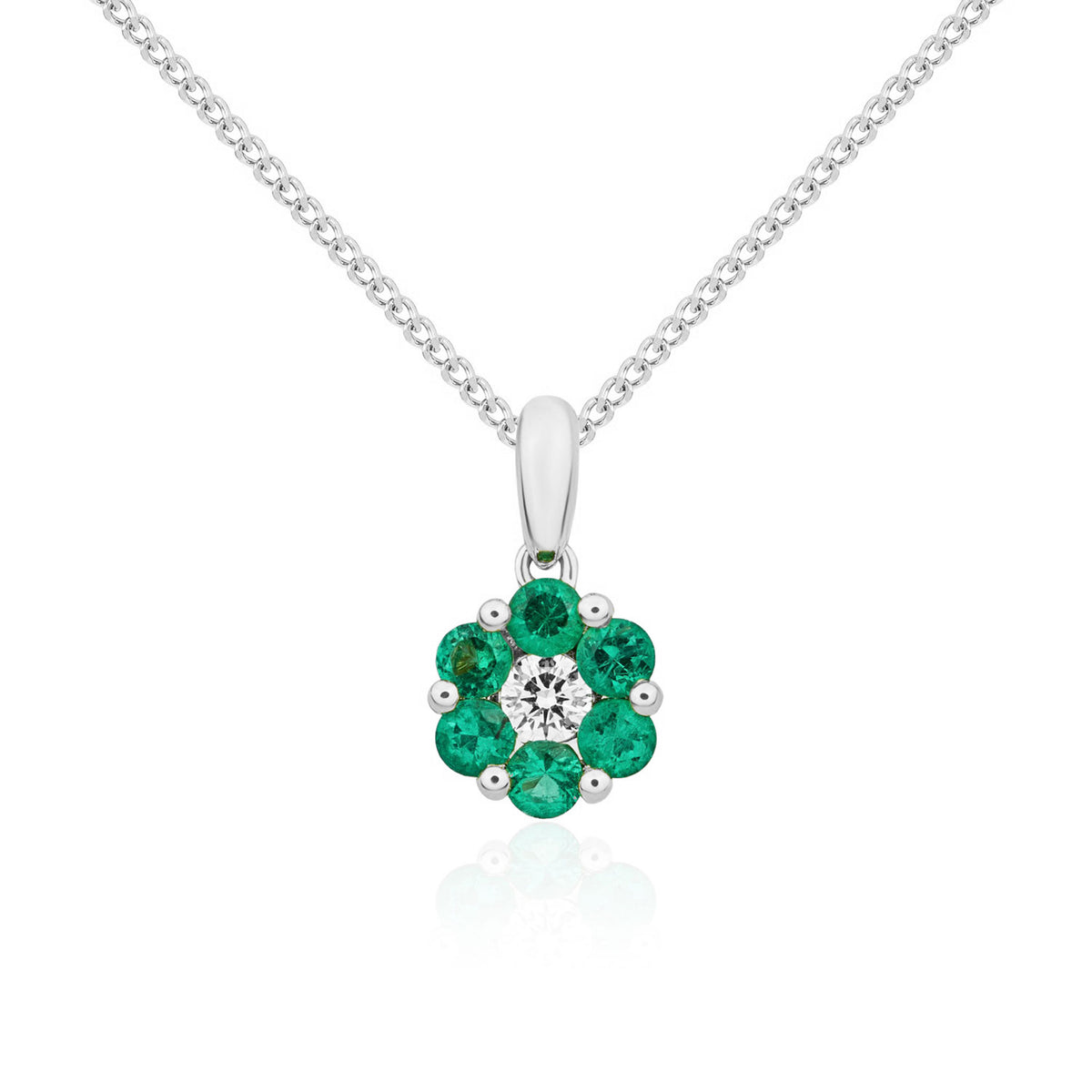 18ct White Gold Round Emerald and Diamond Claw Reverse Cluster Pendant